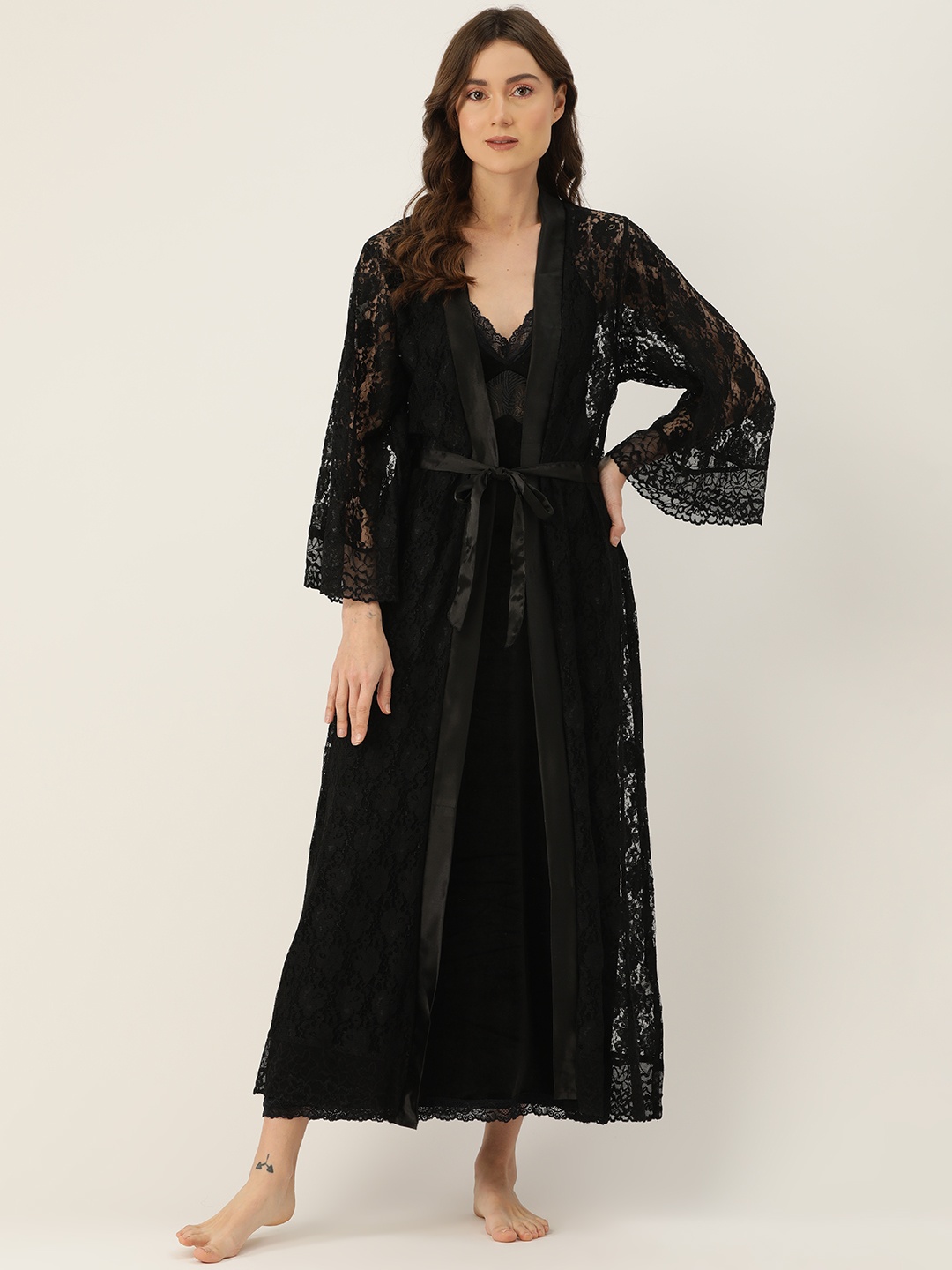 

Ms.Lingies Lace Maxi Nightdress with Robe, Black