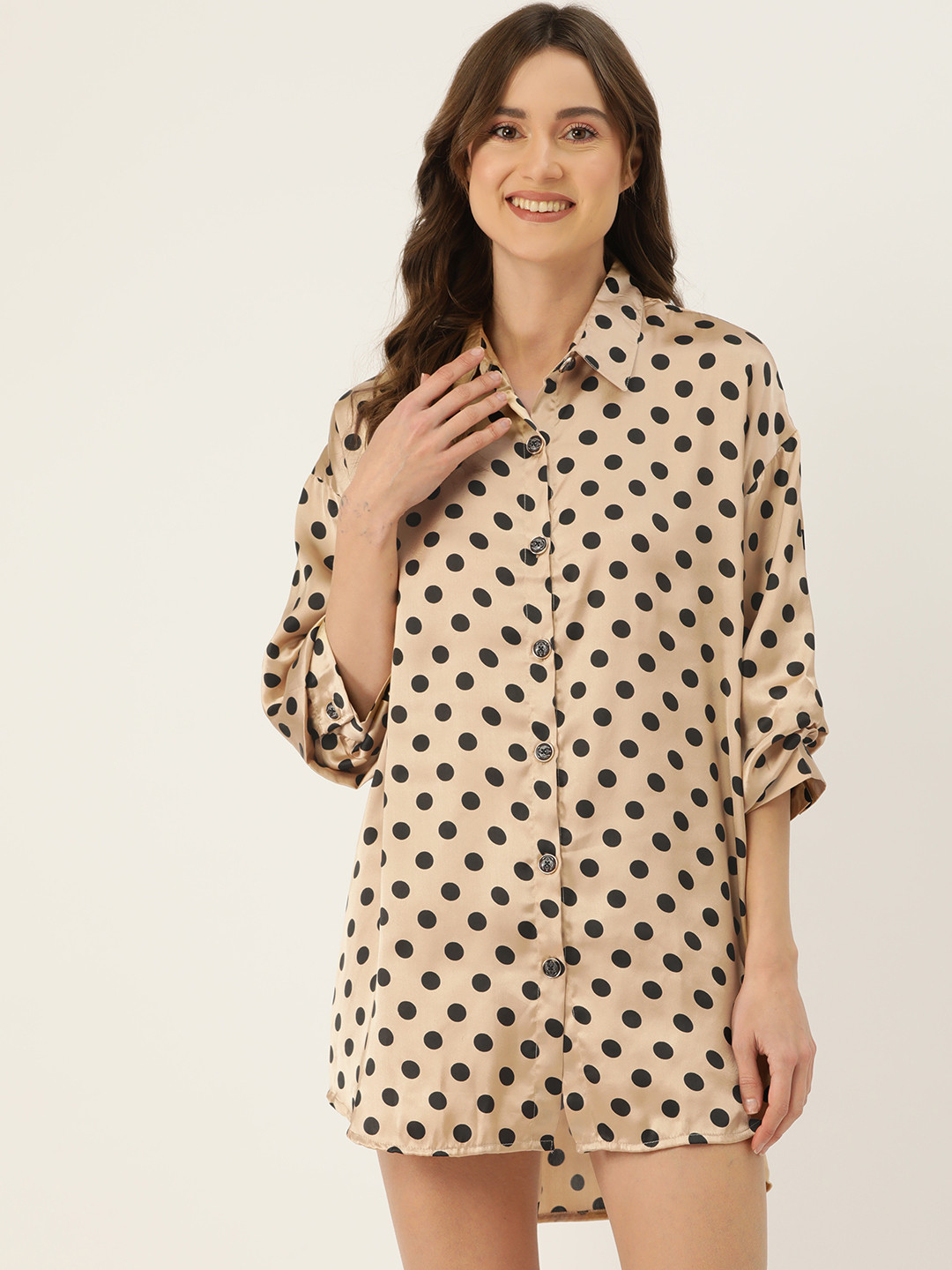 

Ms.Lingies Polka Dots Printed Shirt Nightdress, Gold