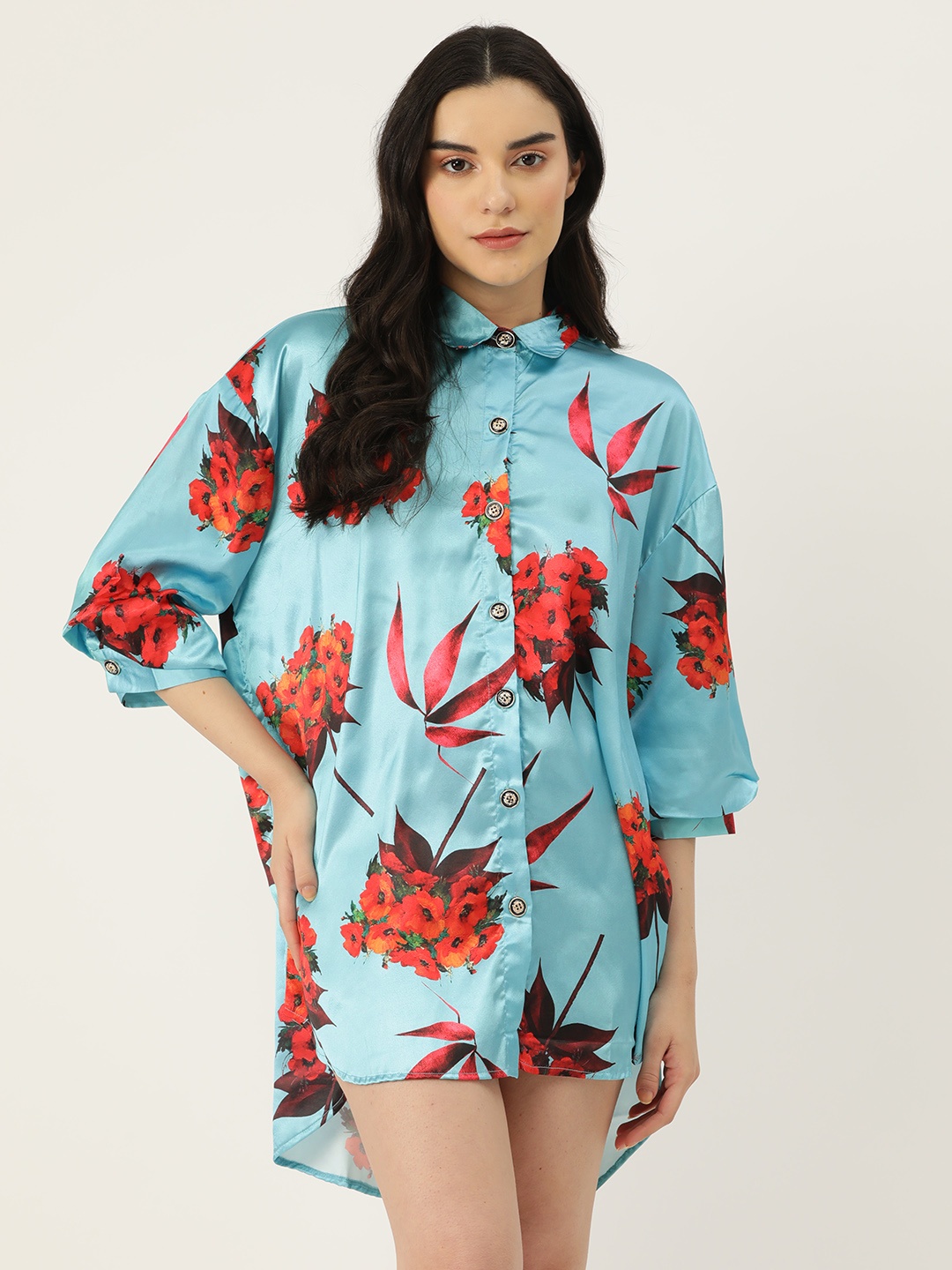 

Ms.Lingies Floral Printed Shirt Nightdress, Blue