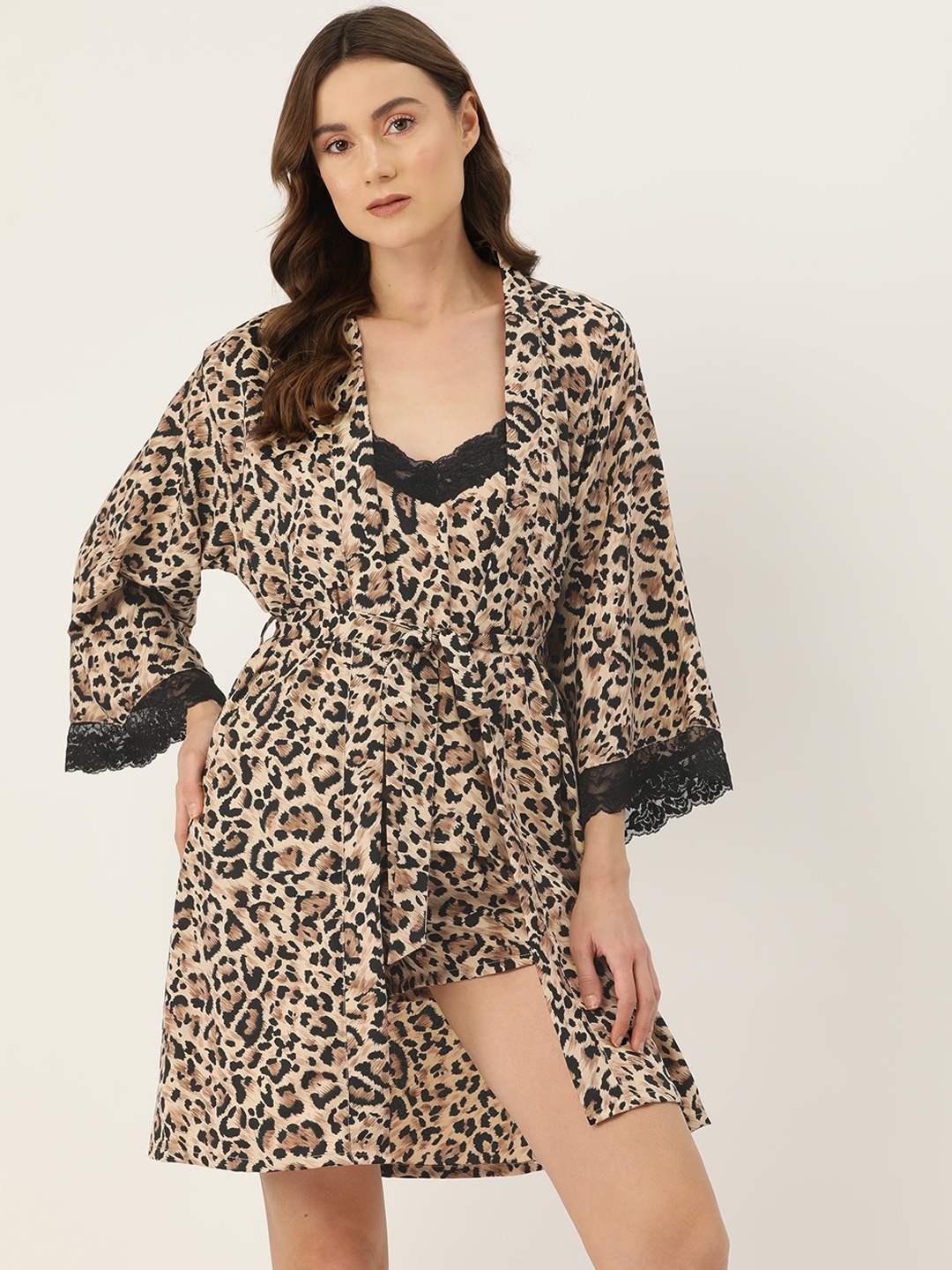 

Ms.Lingies Animal Printed Satin Night Suit with Robe, Brown