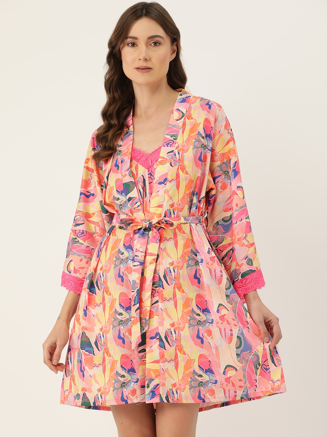 

Ms.Lingies Women Abstract Printed Night suit with Robe, Peach