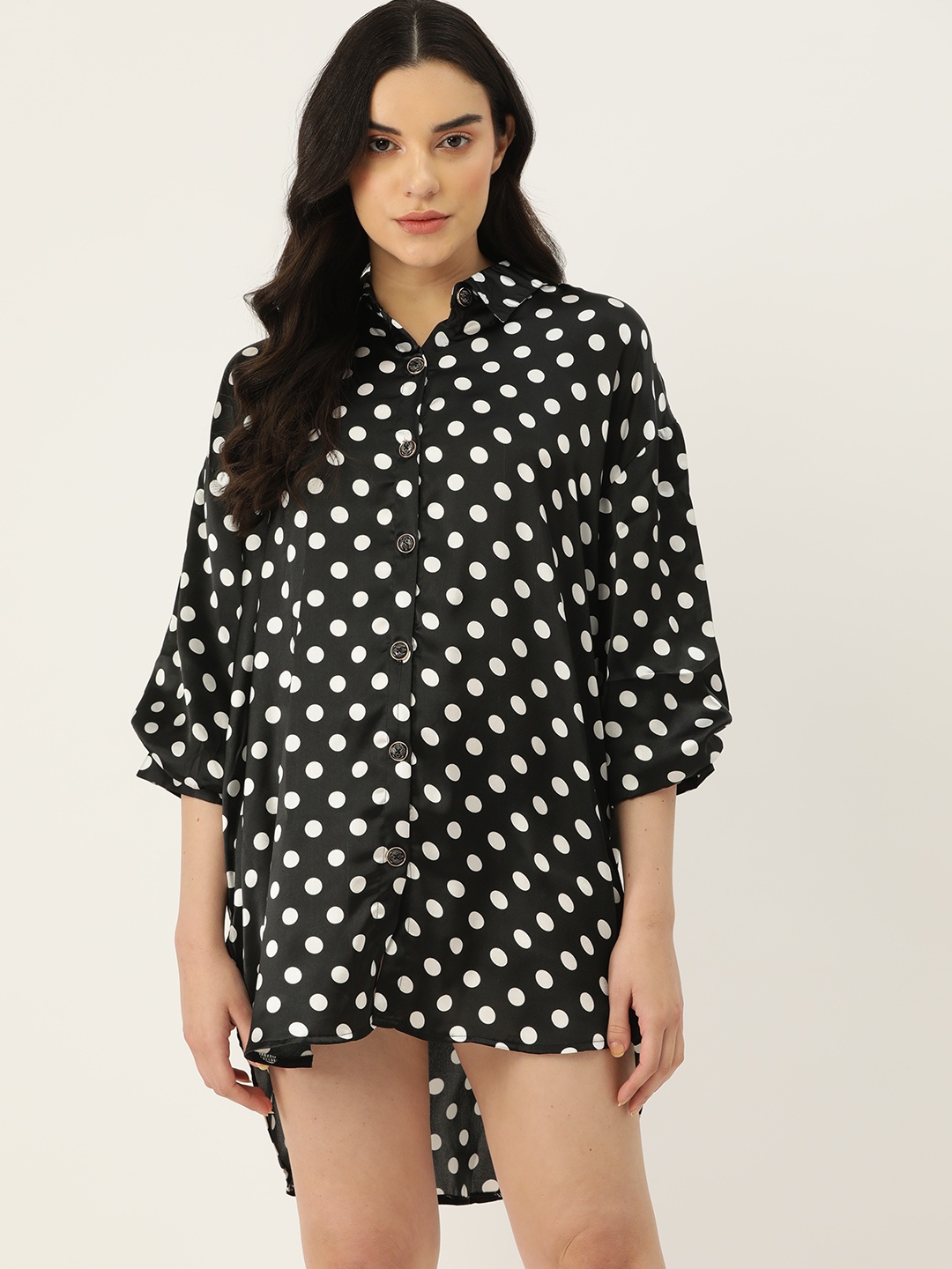 

Ms.Lingies Polka Dots Printed Shirt Nightdress, Black