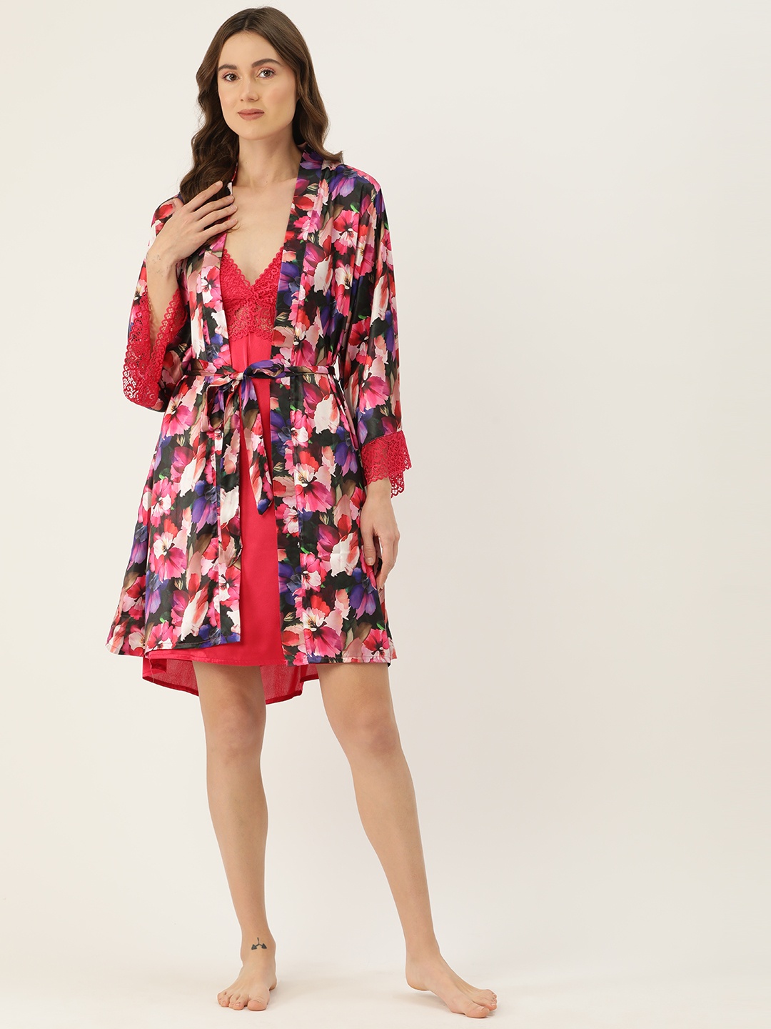 

Ms.Lingies Satin Printed Baby Doll with Robe, Multi