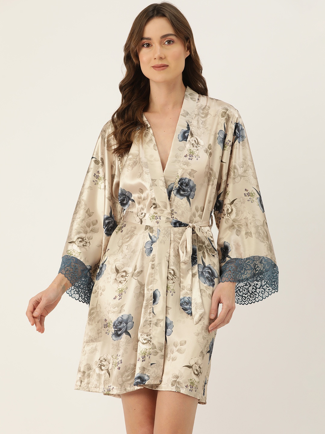 

Ms.Lingies Women Printed Satin Robe with Lace Detail, Beige