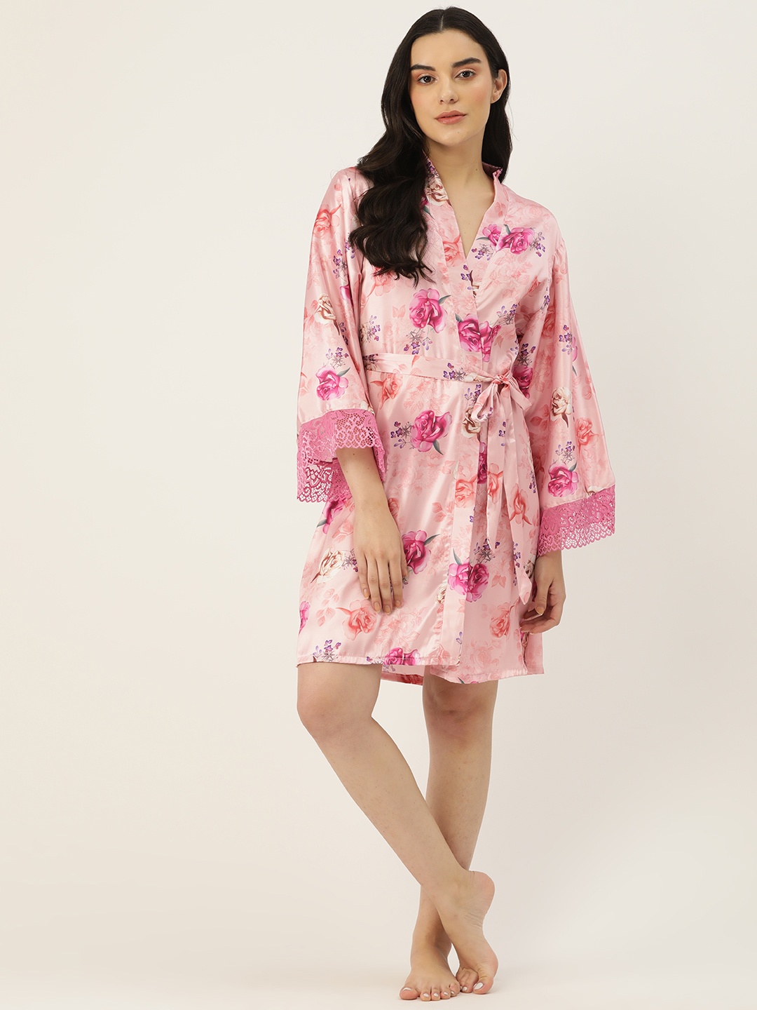 

Ms.Lingies Women Printed Satin Robe with Lace Detail, Peach