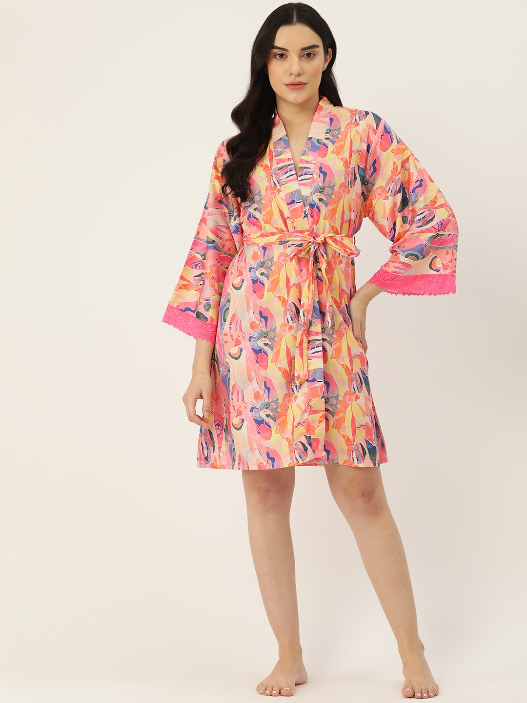 

Ms.Lingies Women Printed Satin Robe with Lace Detail, Peach