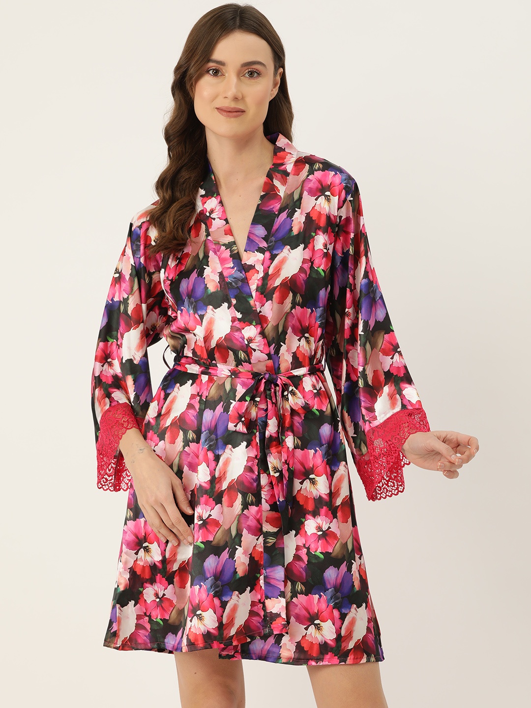 

Ms.Lingies Women Printed Satin Robe with Lace Detail, Multi