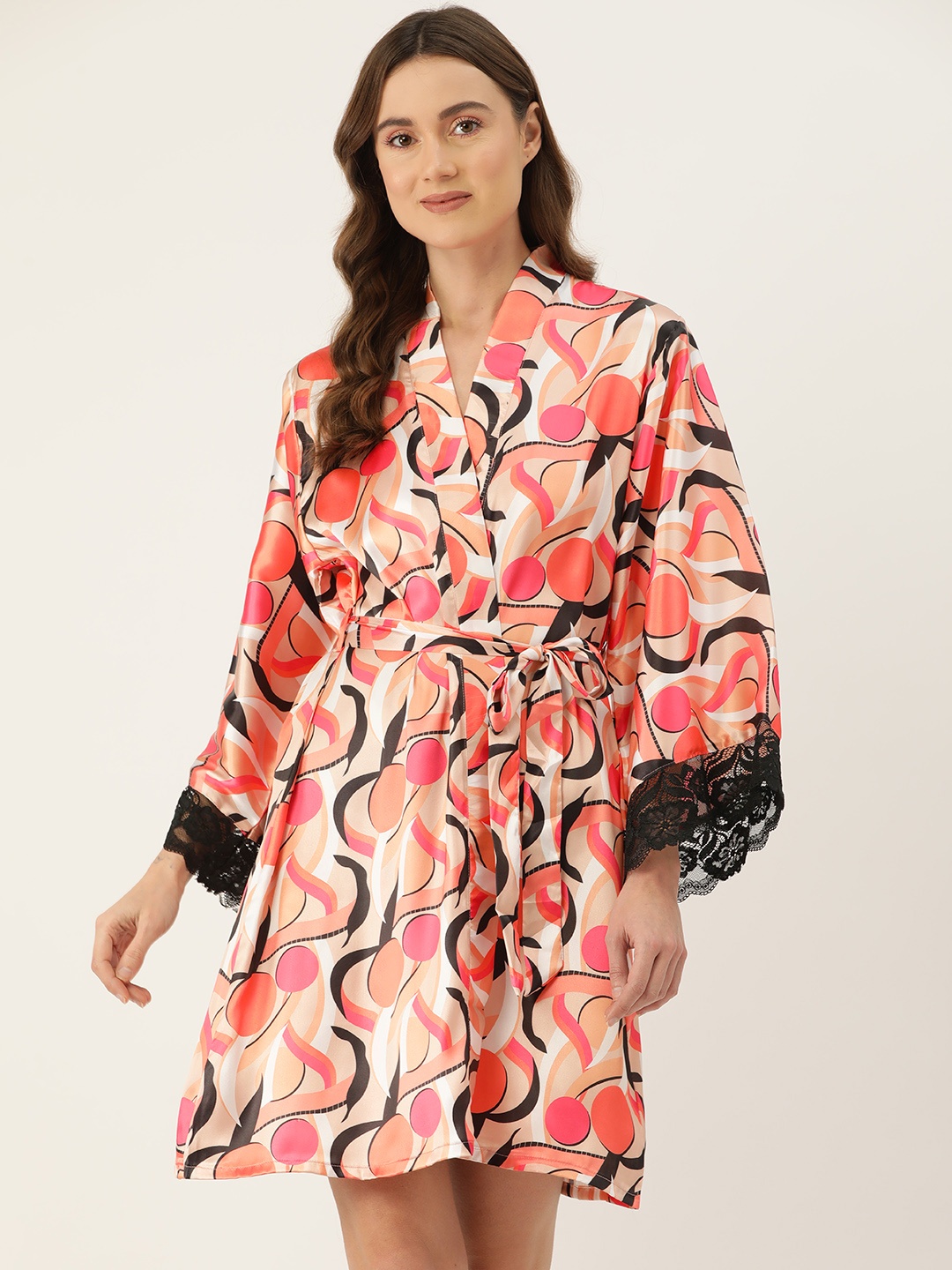 

Ms.Lingies Women Printed Satin Robe with Lace Detail, Orange