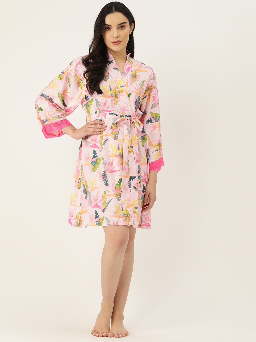 

Ms.Lingies Women Printed Satin Robe with Lace Detail, Pink