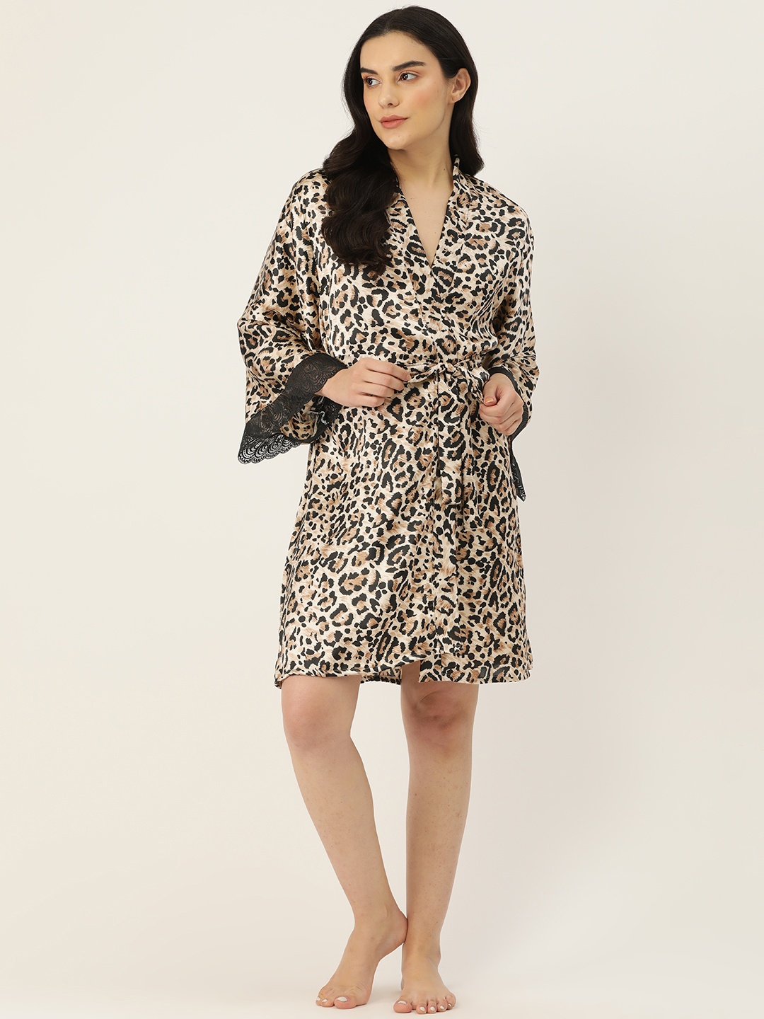 

Ms.Lingies Women Printed Satin Robe with Lace Detail, Brown