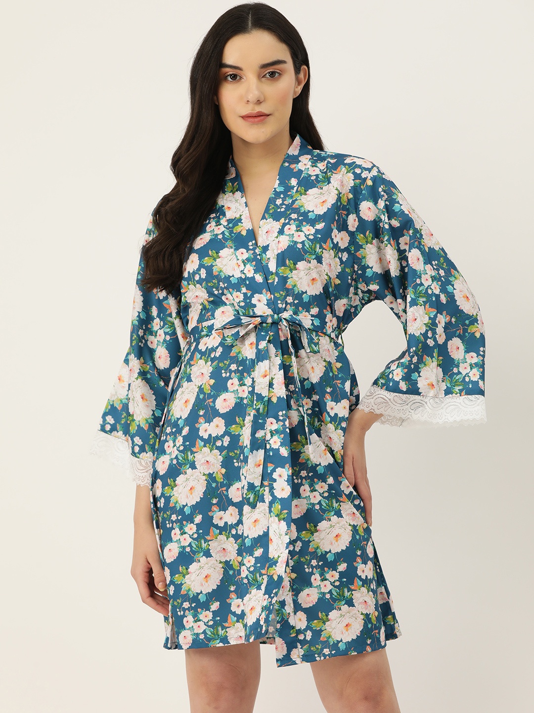 

Ms.Lingies Floral Printed Robe with Lace Detail, Blue