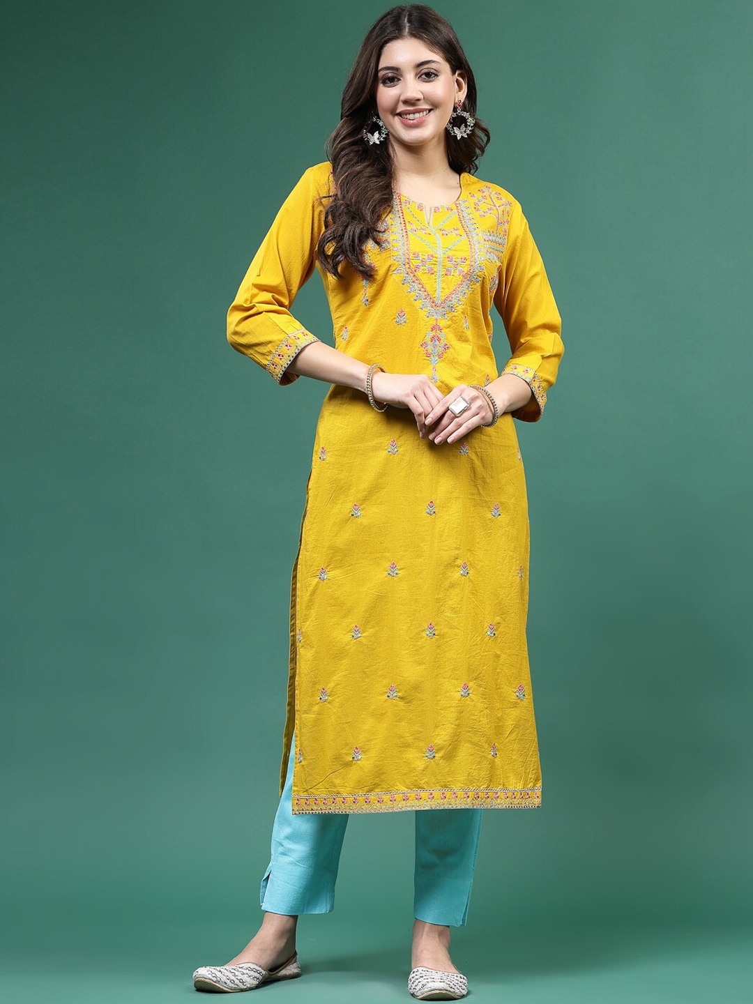 

Sangria Floral Embroidered Cotton Straight Kurta, Mustard