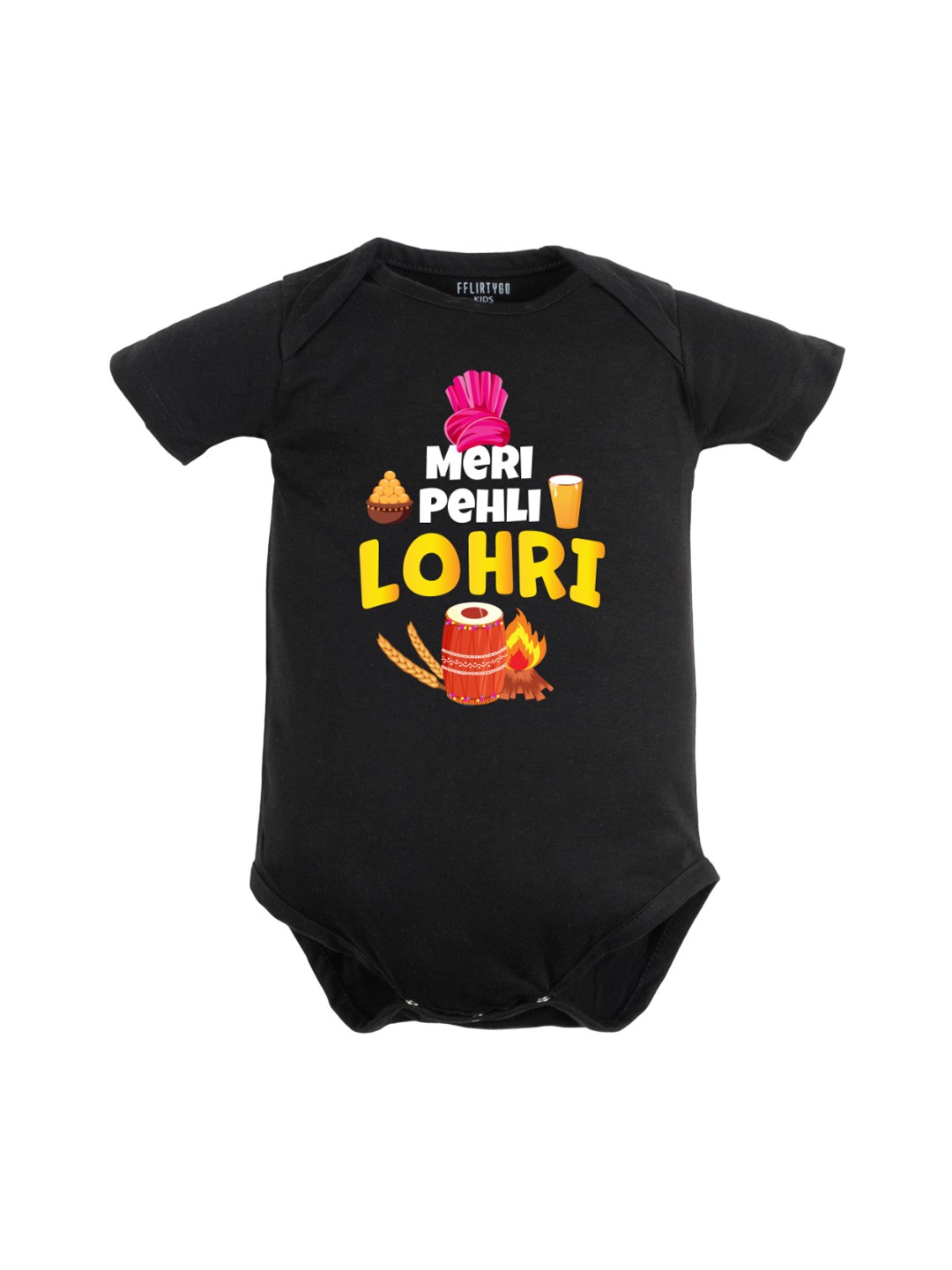 

FFLIRTYGO Infants Lohri Printed Pure Cotton Bodysuit, Black