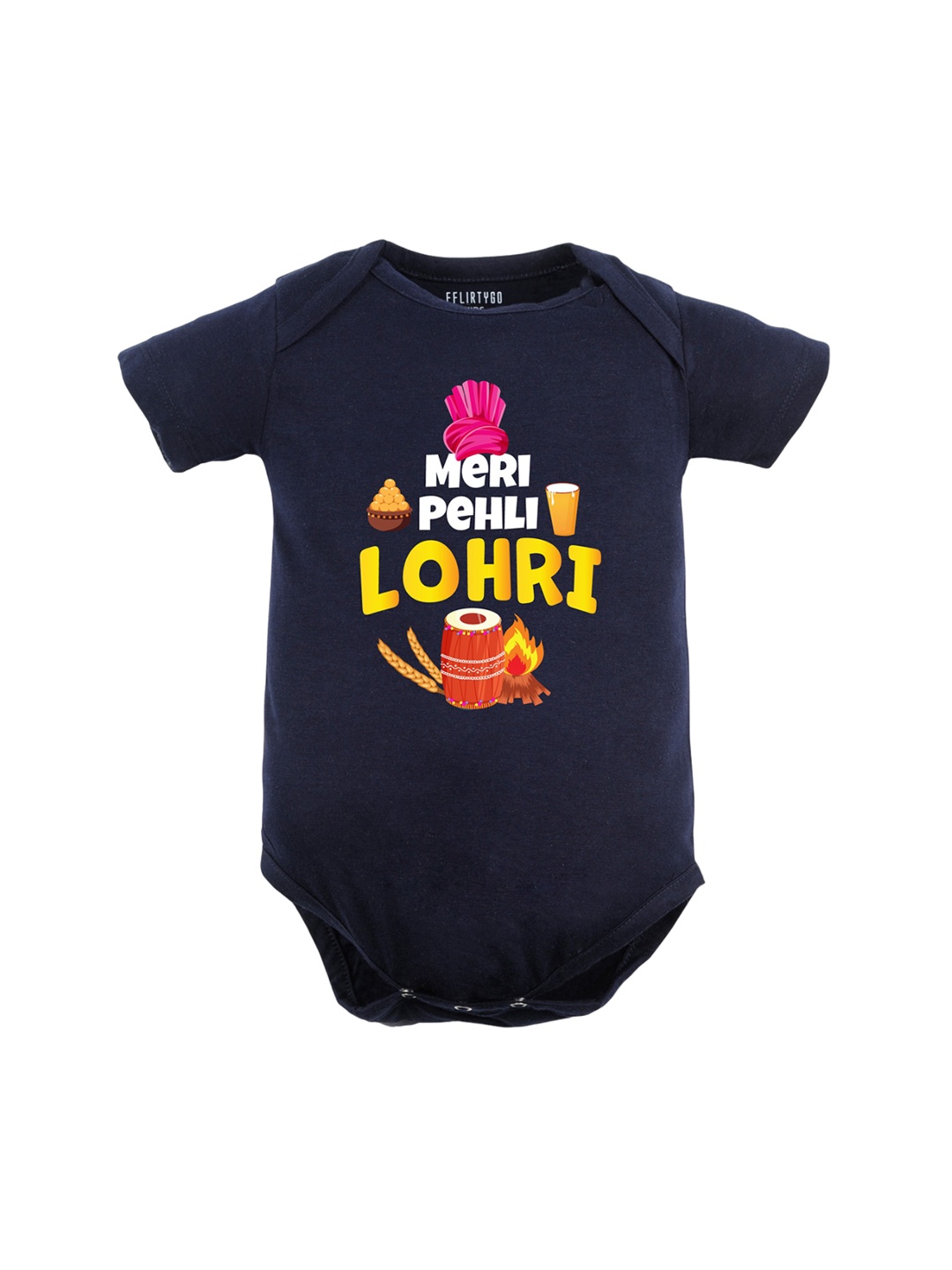 

FFLIRTYGO Infants Lohri Printed Pure Cotton Bodysuit, Navy blue