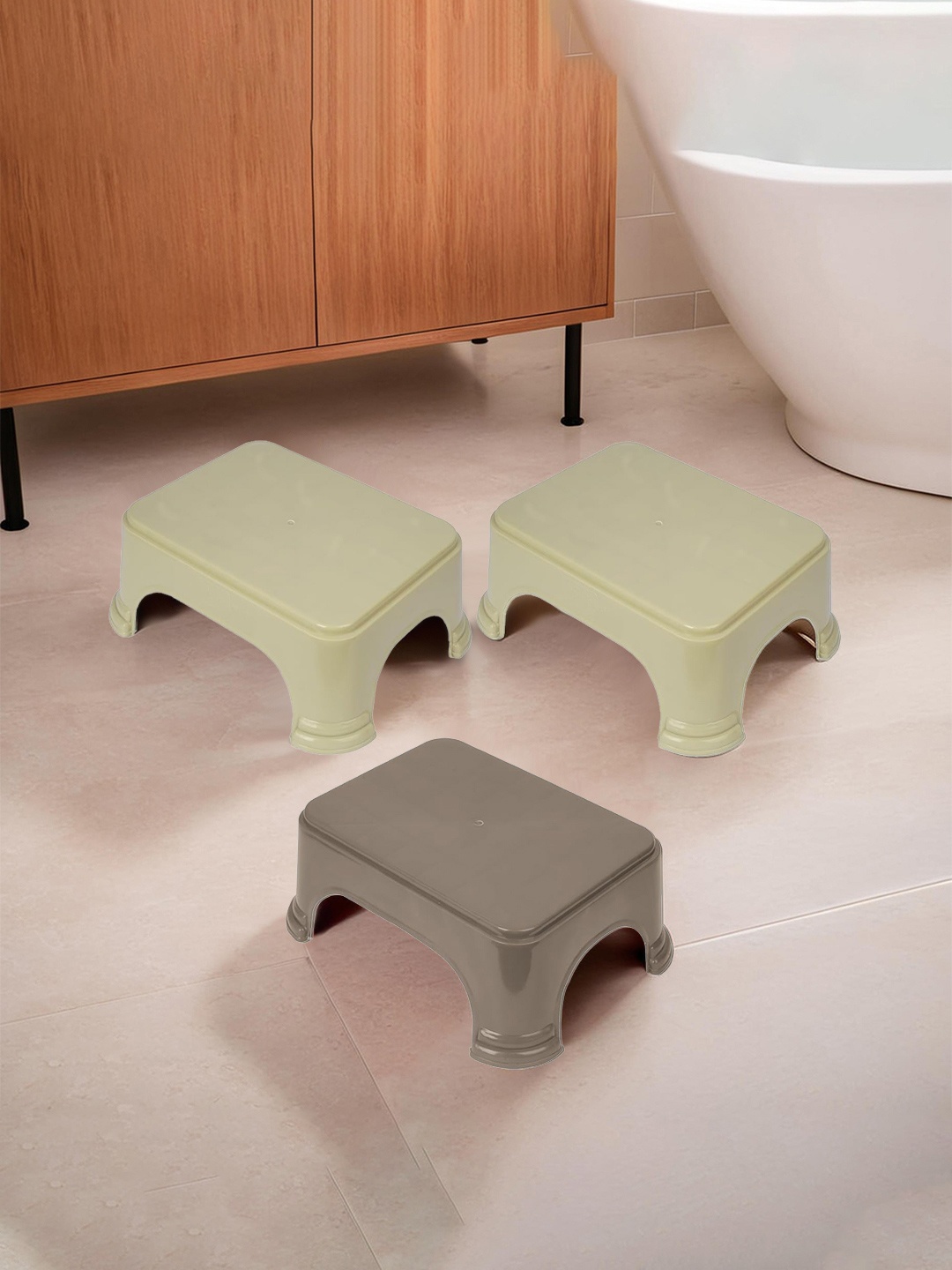 

Kuber Industries 3 Pieces Checked Classic Glossy Step Stool, Cream