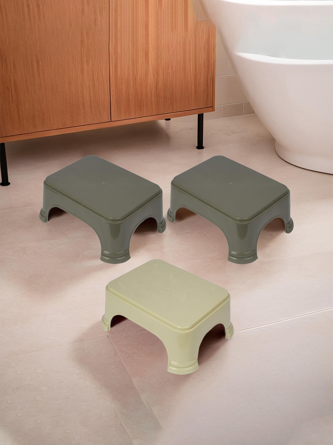 

Kuber Industries 3 Pieces Checked Classic Glossy Step Stool, Cream