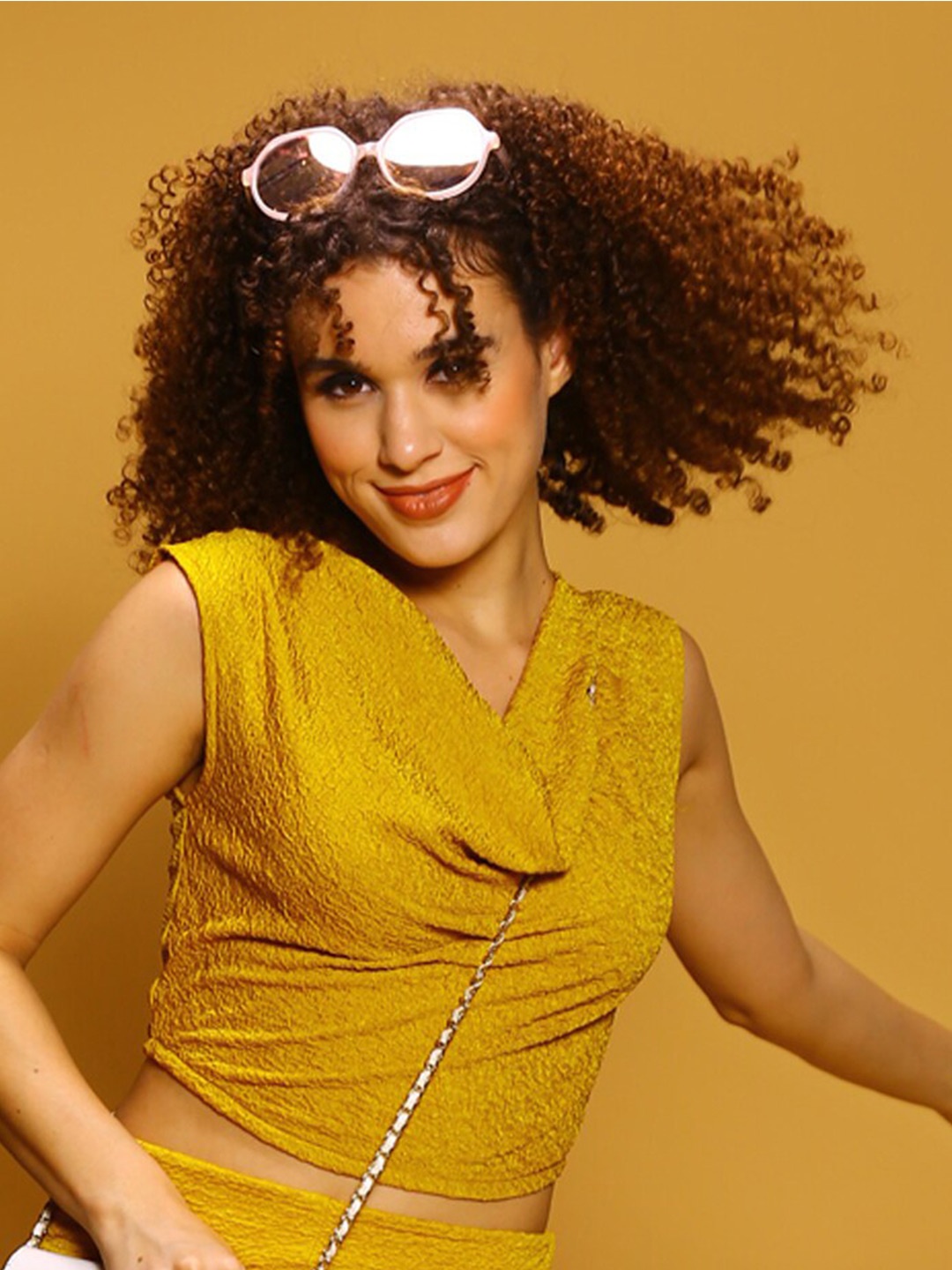 

Sera Yellow Self Design Cowl Neck Crop Top