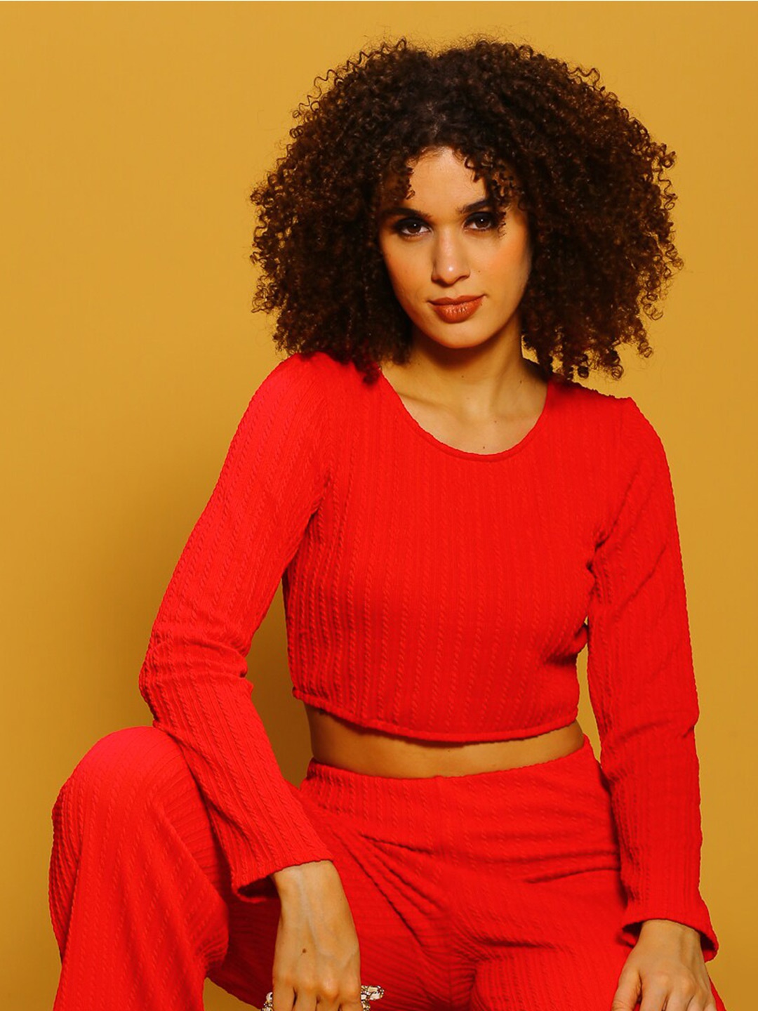 

Sera Fuchsia Self Design Long Sleeves Crop Top