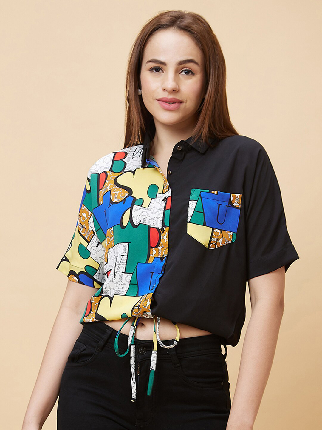 

Globus Black Conversational Printed Shirt Collar Extended Sleeves Tie-Ups Shirt Style Top