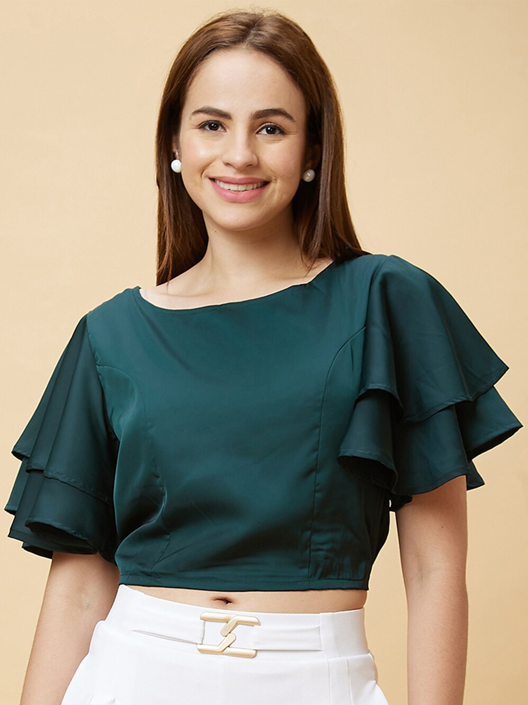 

Globus Green Flared Sleeve Cropped Top