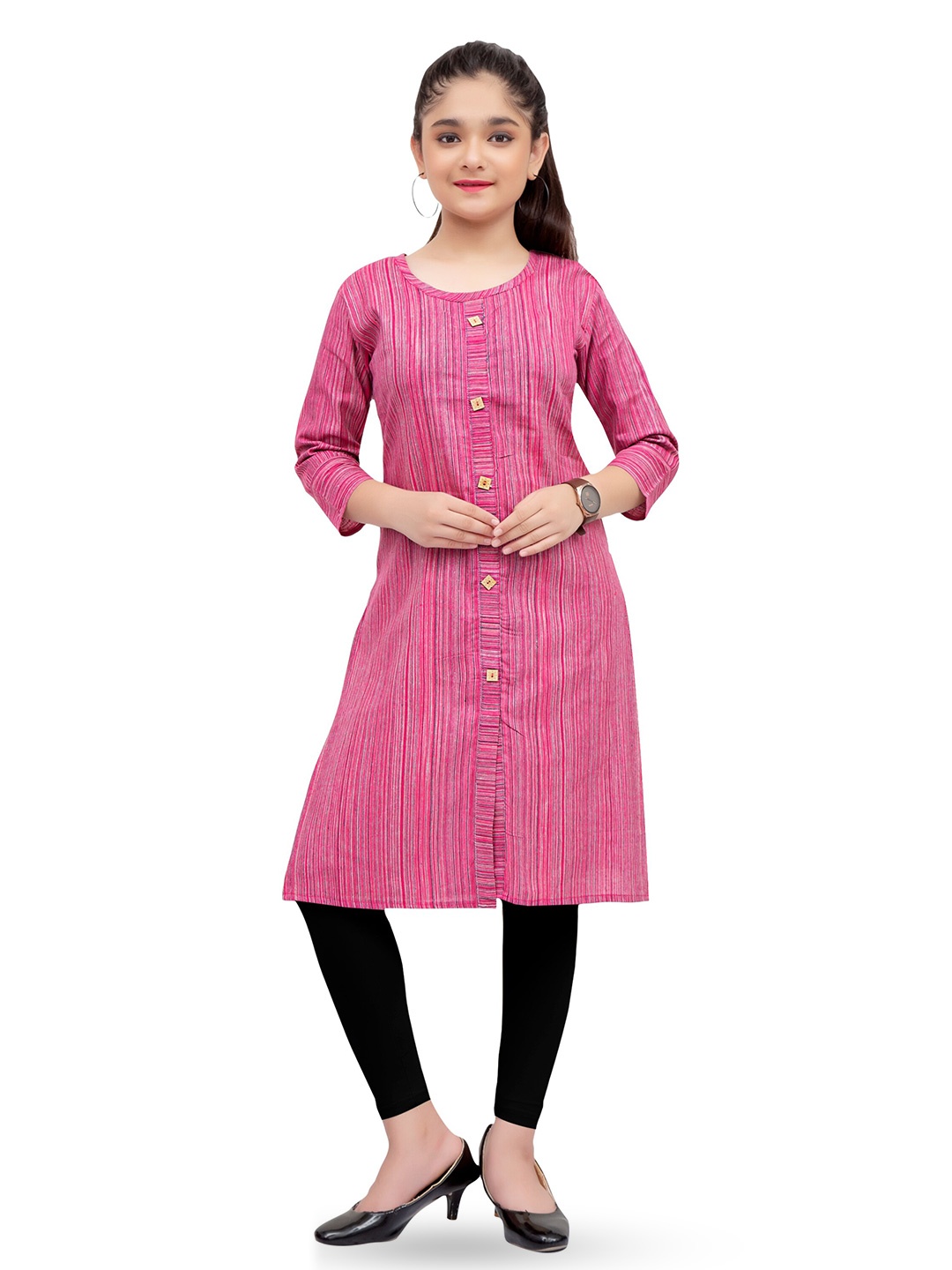 

BAESD Girls Striped Round Neck Straight Kurta, Pink