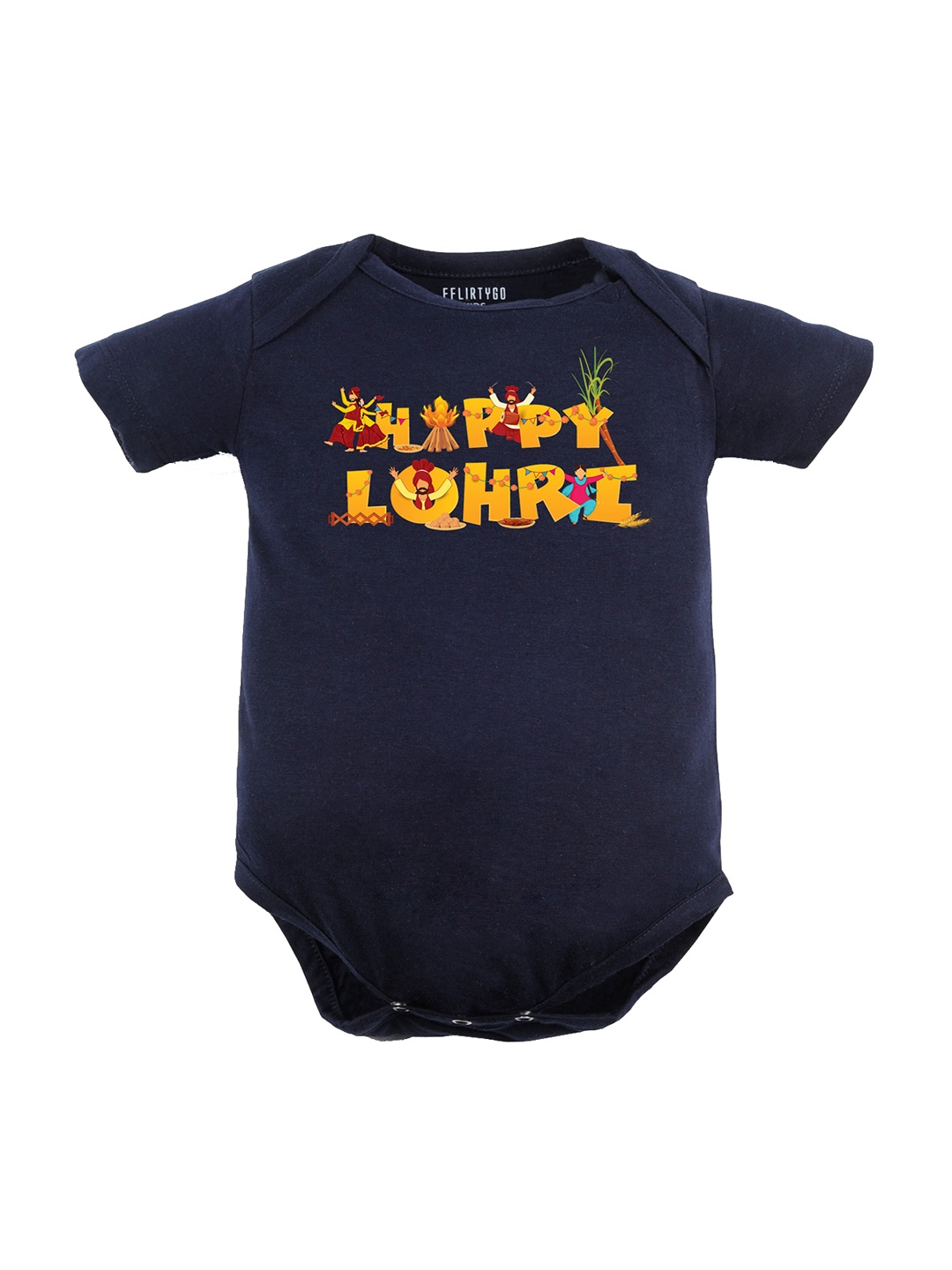 

FFLIRTYGO Infants Lohri Printed Pure Cotton Bodysuit, Navy blue