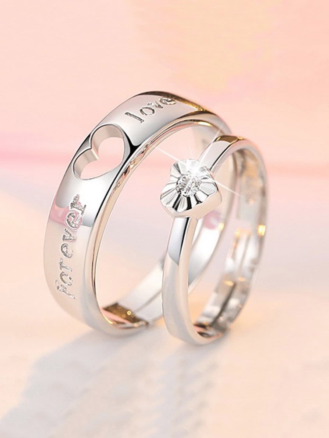 

VAGHBHATT Unisex Set Of 2 Silver-Plated CZ-Studded Adjustable Finger Rings