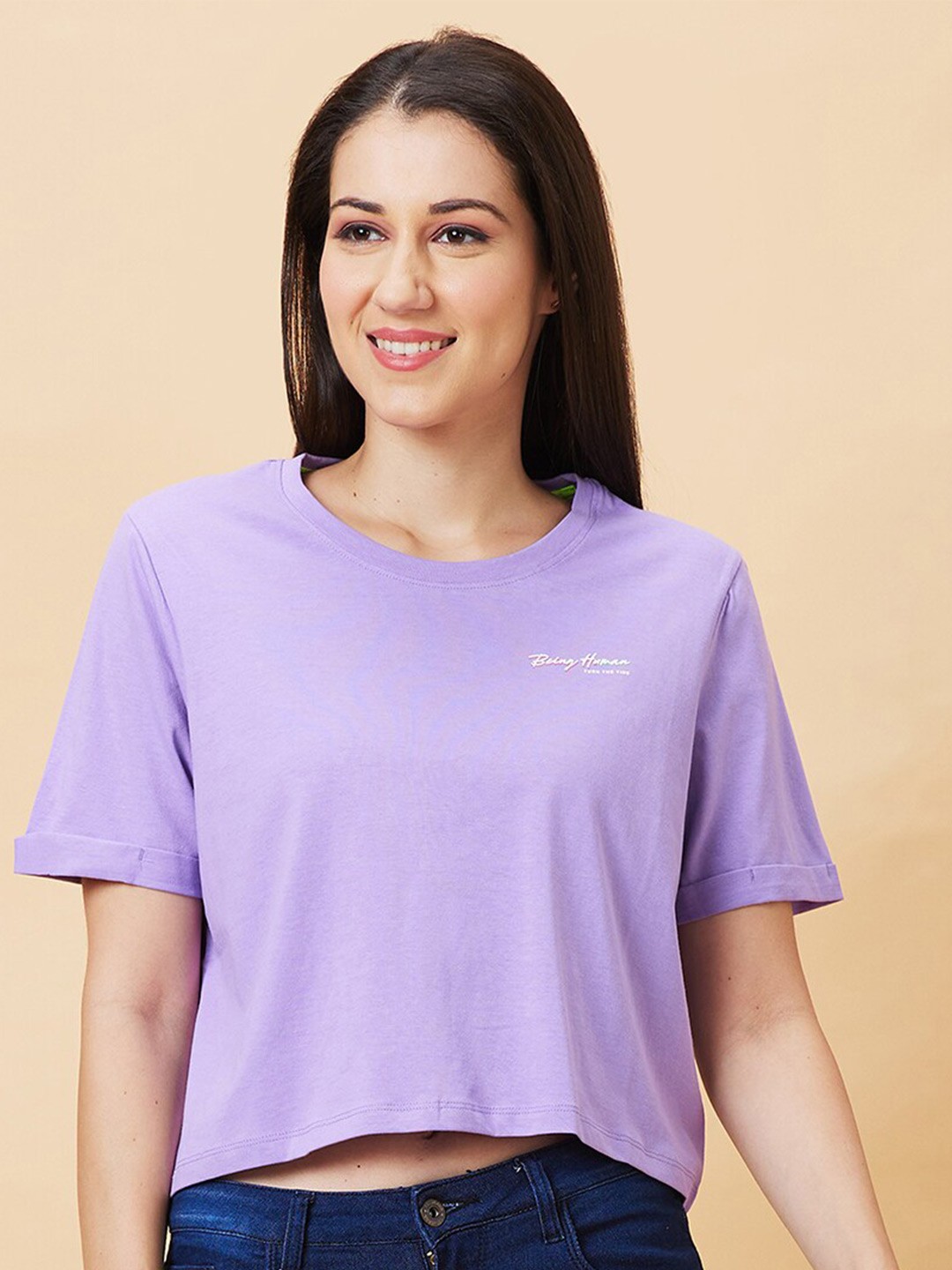 

Being Human Round Neck Short Sleeves Crop Boxy T-shirt, Purple