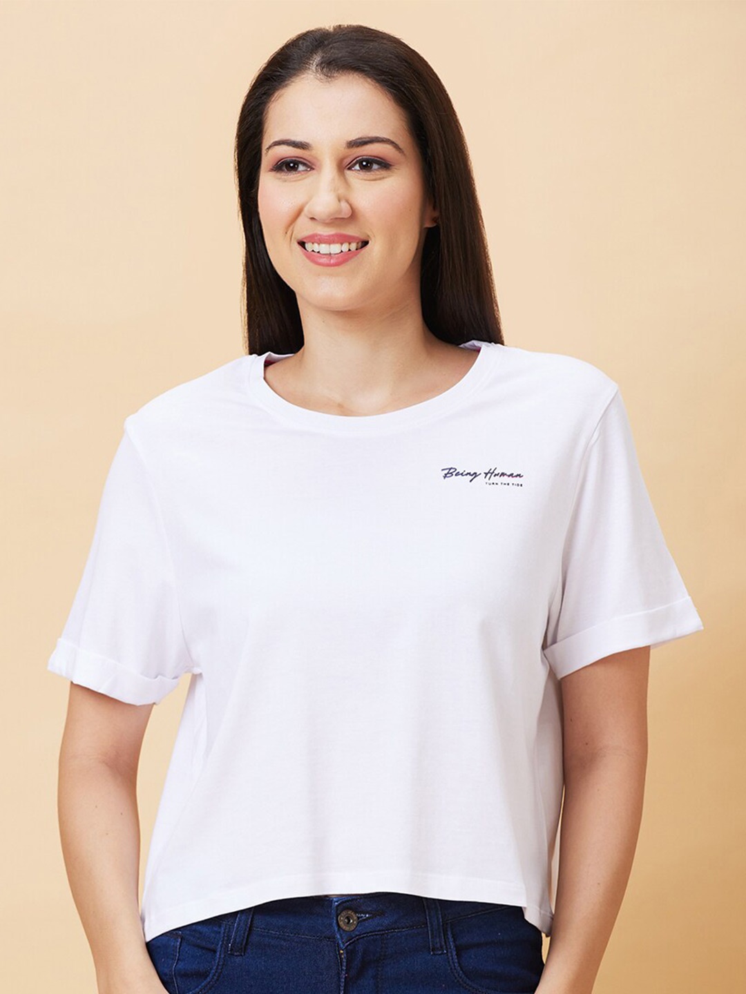 

Being Human Round Neck Short Sleeves Crop Boxy T-shirt, White