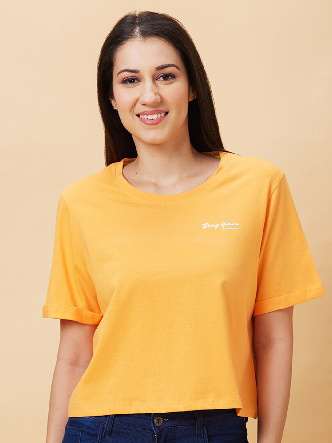 

Being Human Round Neck Short Sleeves Crop Boxy T-shirt, Orange