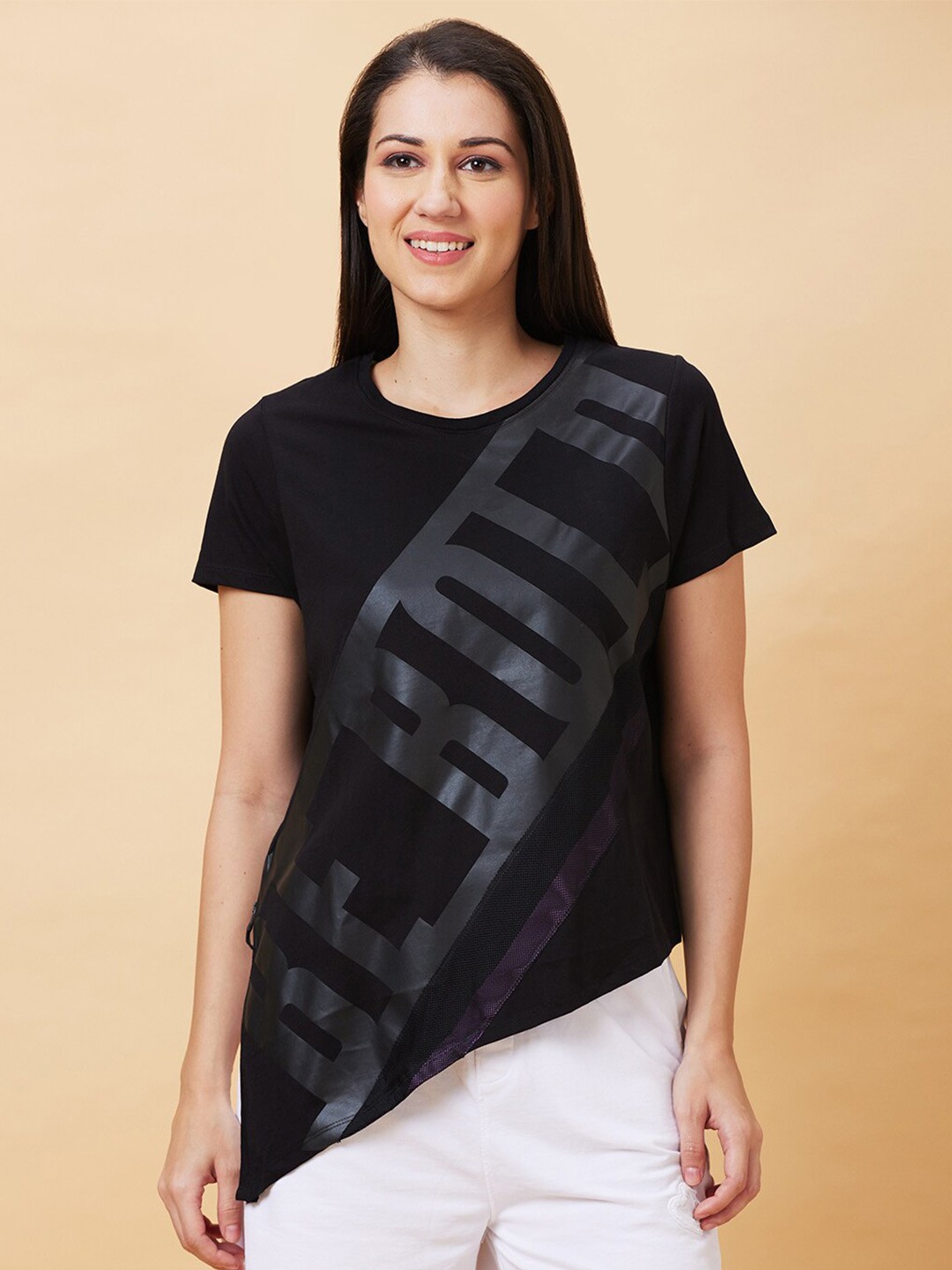 

Being Human Typography Printed Round Neck Short Sleeves Crop Boxy T-shirt, Black