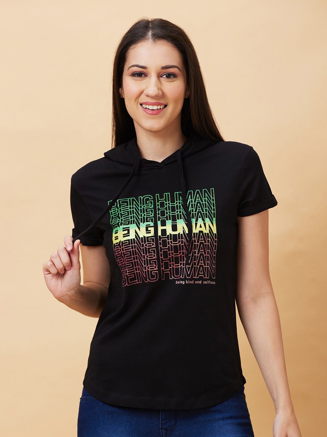 

Being Human Typography Printed Hooded T-shirt, Black