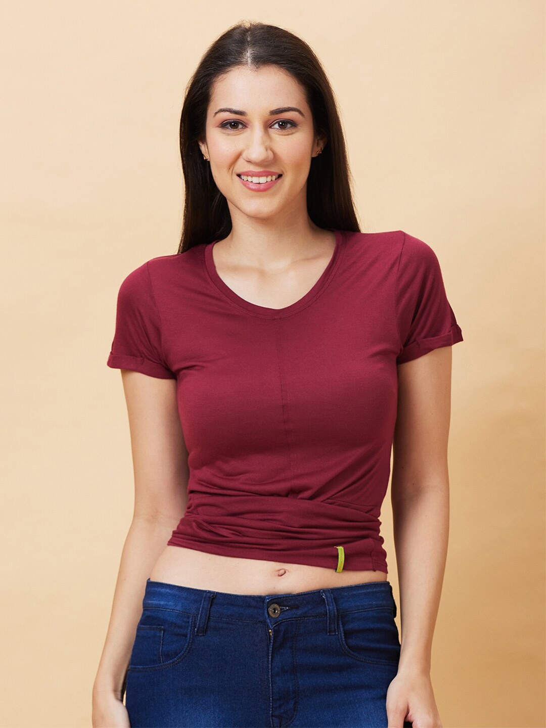 

Being Human V-Neck Waist Tie Ups Slim Fit Tshirt, Maroon