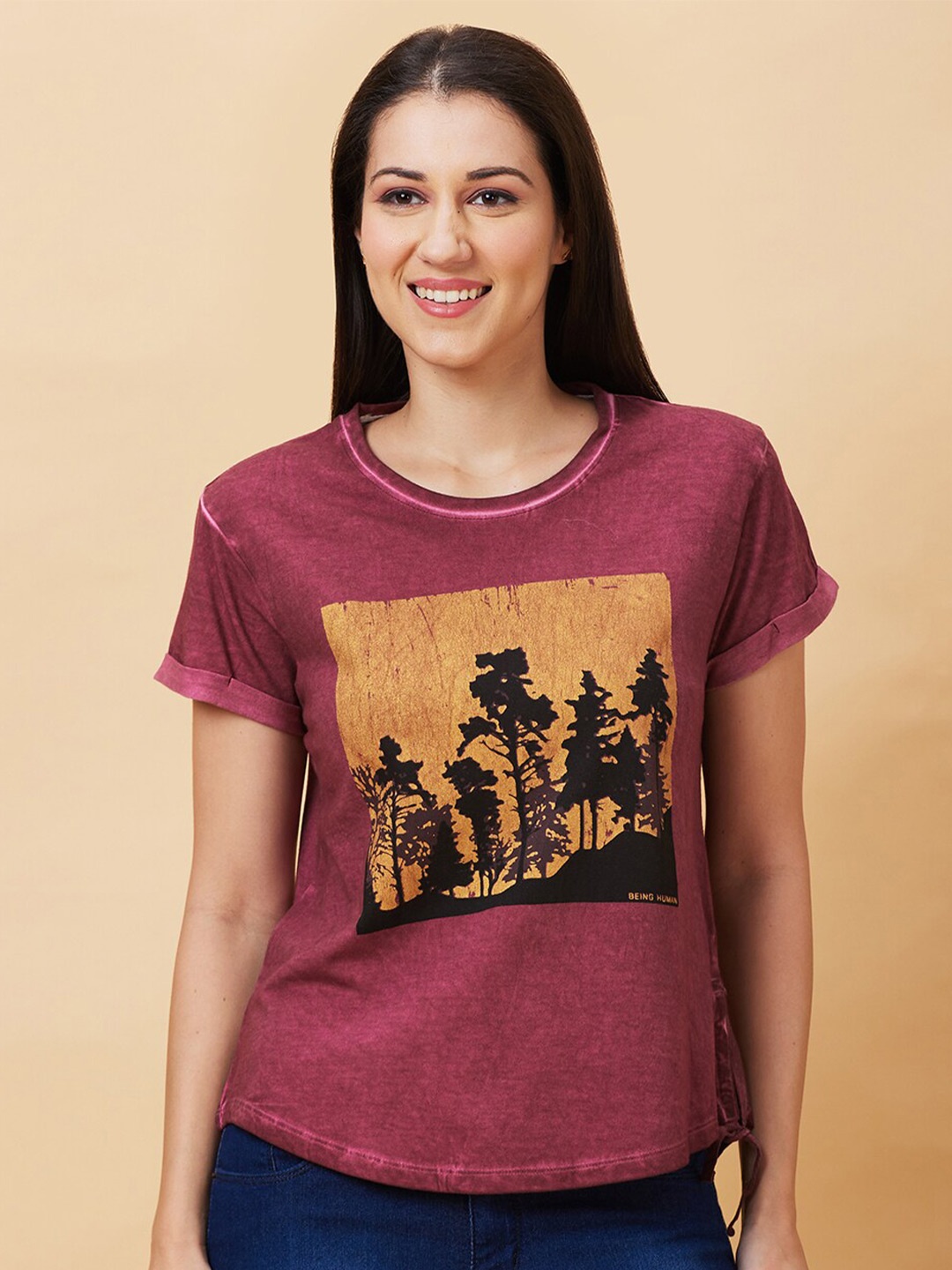 

Being Human Graphic Printed Round Neck Short Sleeves T-shirt, Maroon
