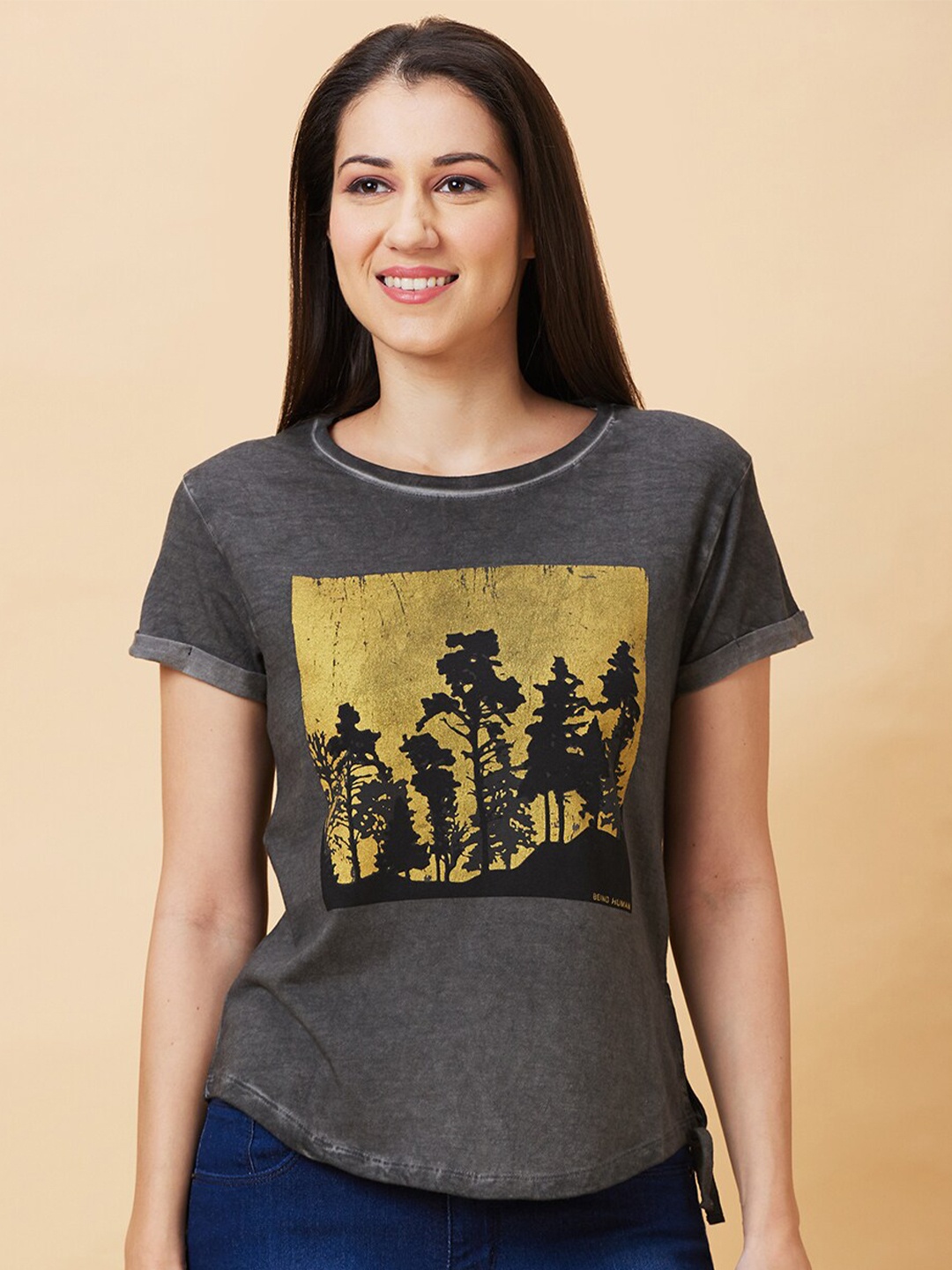 

Being Human Graphic Printed Round Neck Short Sleeves T-shirt, Grey