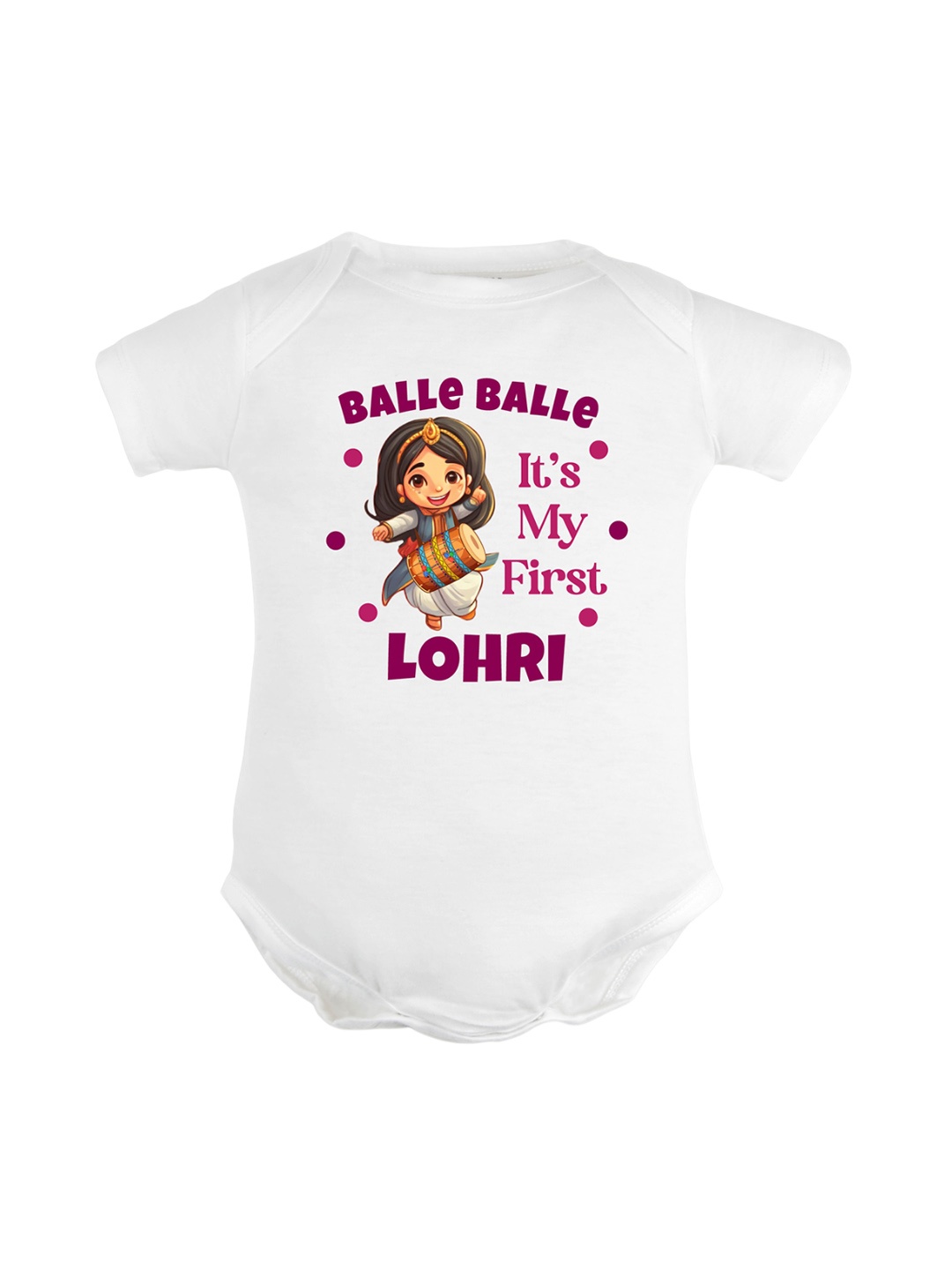 

FflirtyGo Infants Balle Balle It's My First Lohri Printed Pure Cotton Bodysuits, White