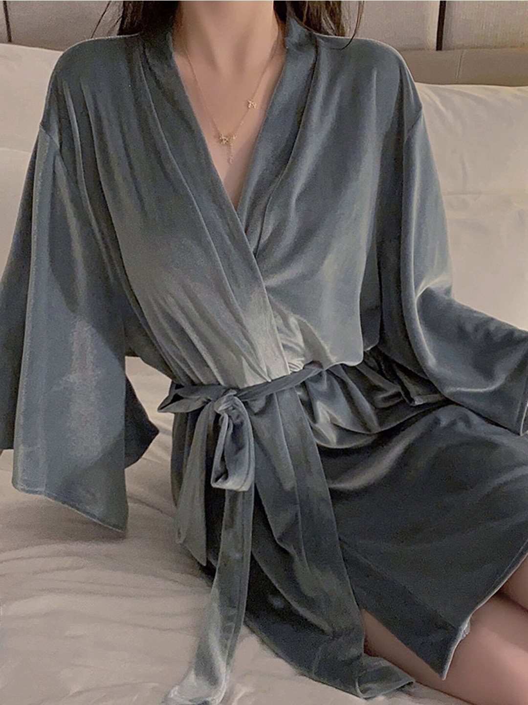 

LULU & SKY V-Neck Velvet Wrap Nightdress With Robe, Grey