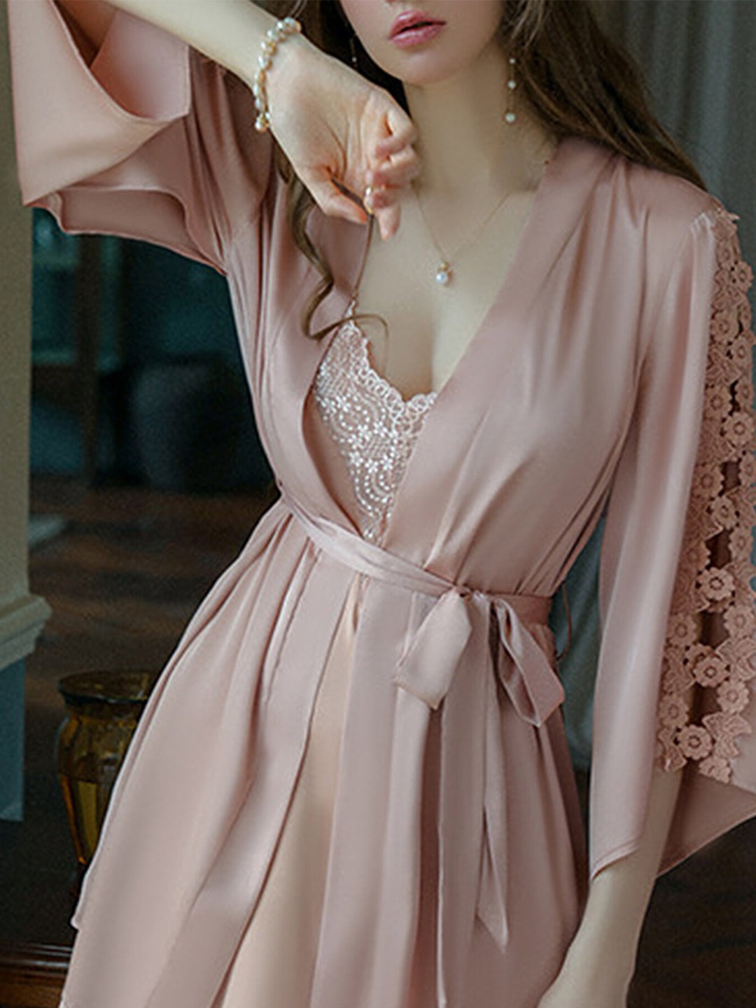 

LULU & SKY Floral Lace Detail Nightdress, Rose gold