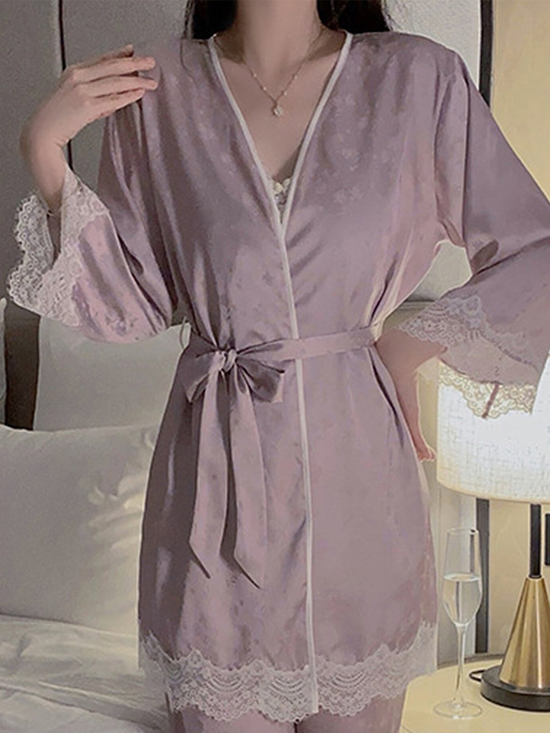 

LULU & SKY Lace Incerted Night Suit With Robe, Purple