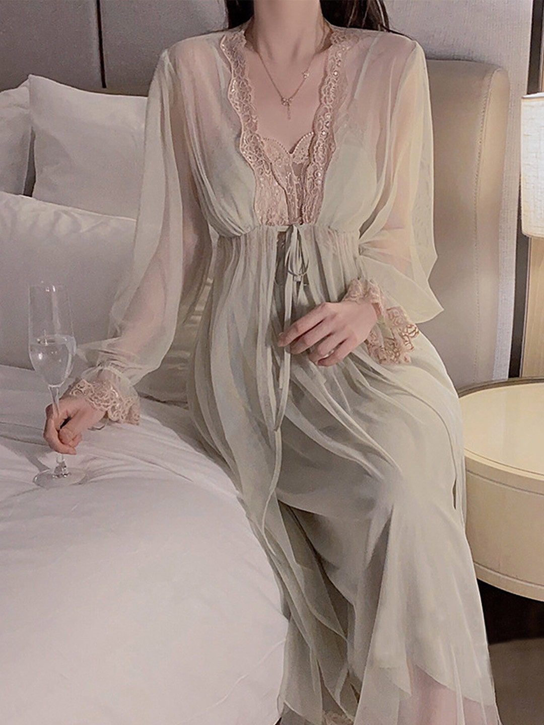 

LULU & SKY Tie-Up Detail Lace Sheer Nightdress, Green