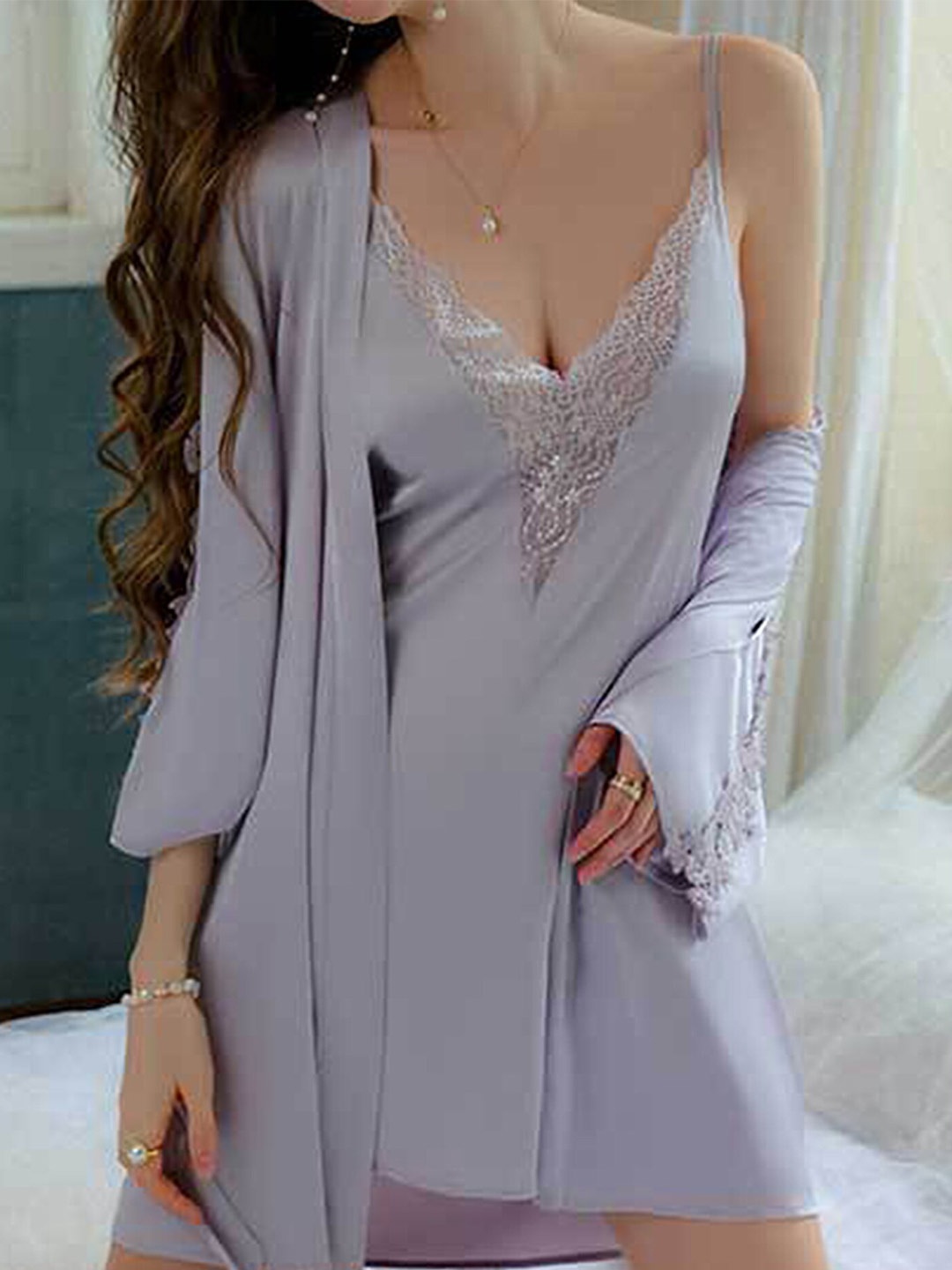 

LULU & SKY Floral Lace Detail Night Robe, Lavender