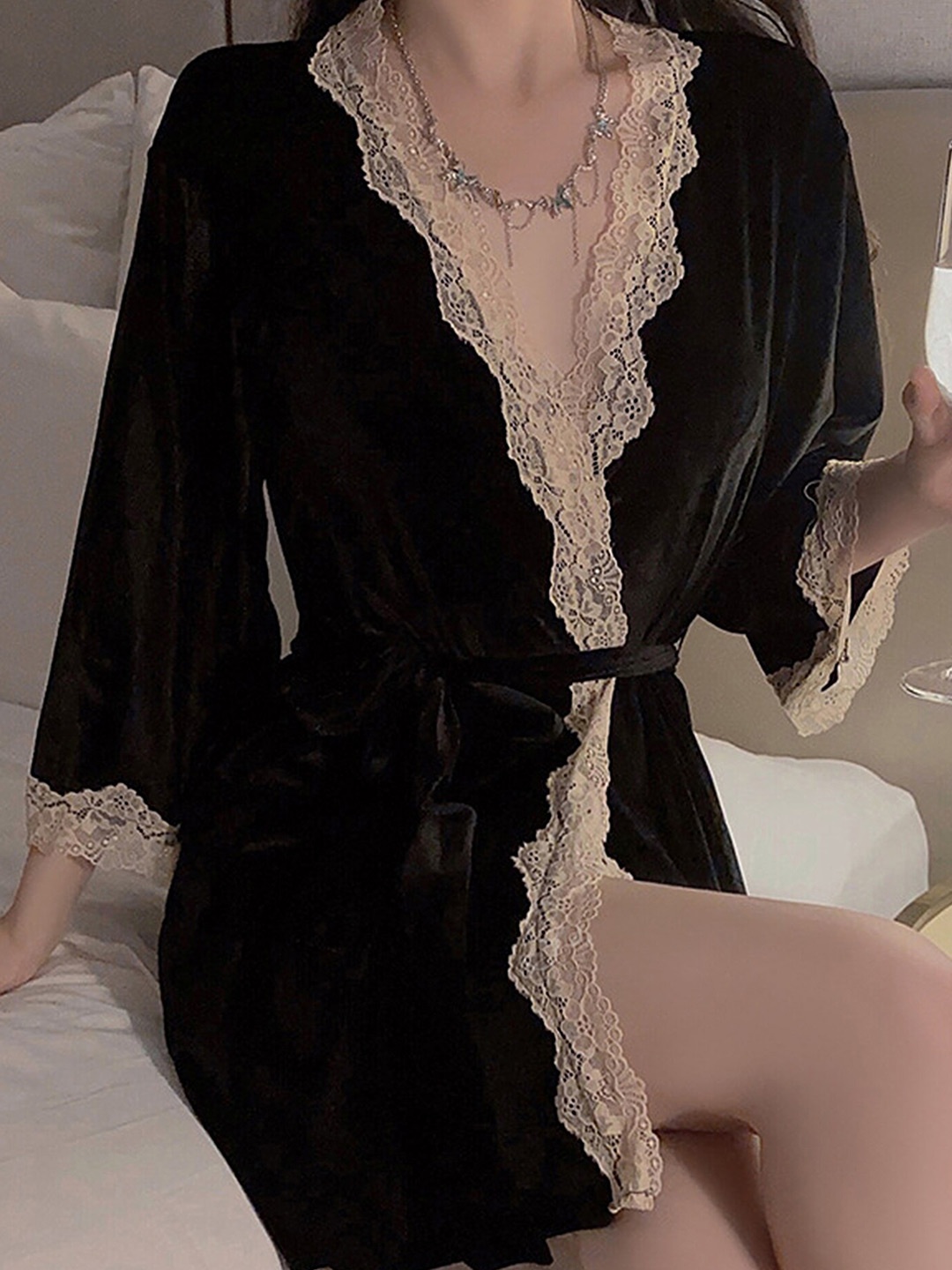 

LULU & SKY Velvet Lace Insert Nightdress, Black