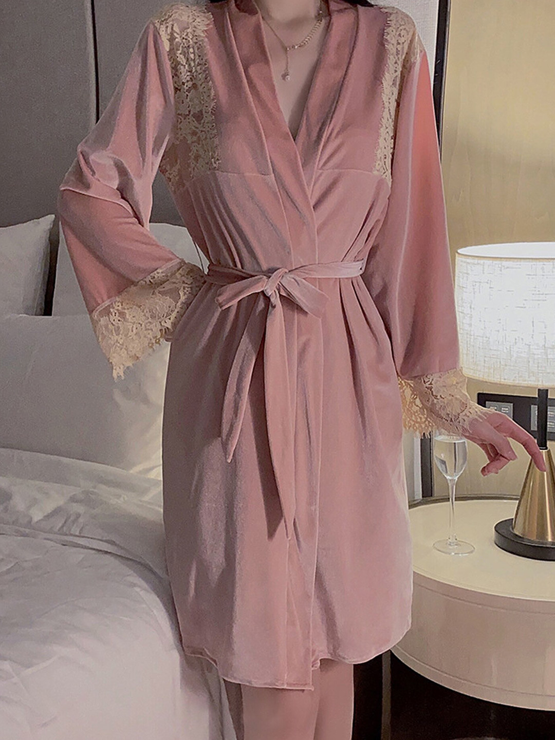 

LULU & SKY Velour Lace Trim Night Robe, Pink