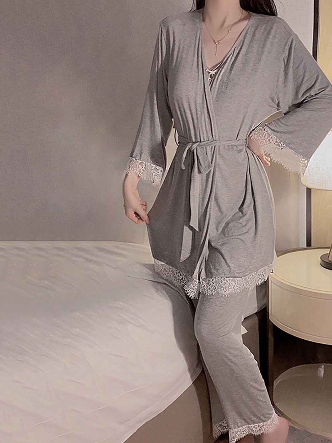 

LULU & SKY V-Neck Night Suits with Robe, Grey