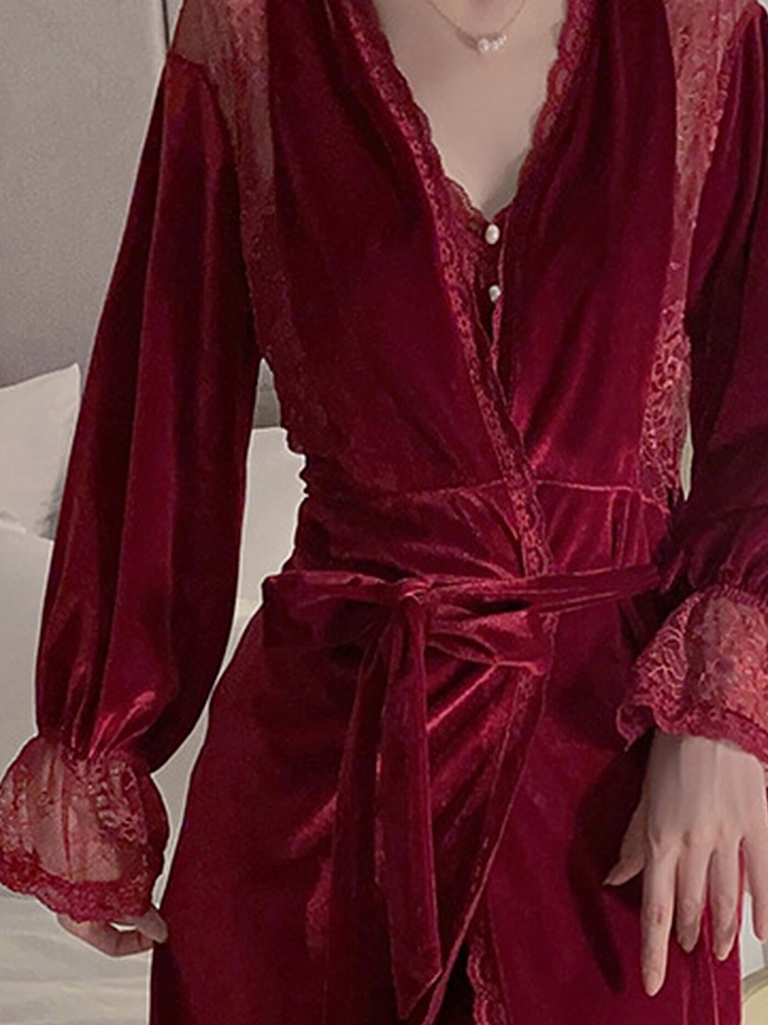 

LULU & SKY V-Neck Velour Above Knee Length Wrap Nightdress, Maroon