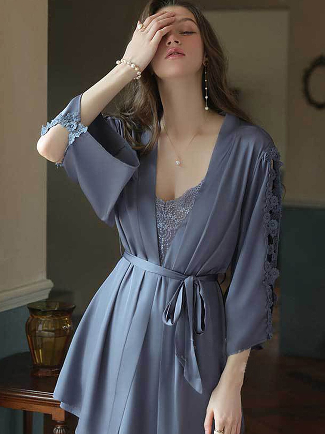 

LULU & SKY Shoulder Straps Wrap Nightdress, Grey