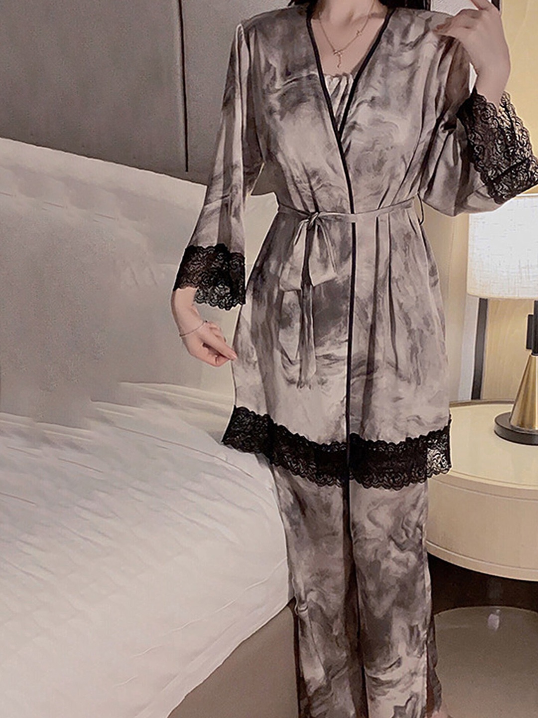 

LULU & SKY Abstract Printed Lace Incerted Night Suit With Robe, Brown