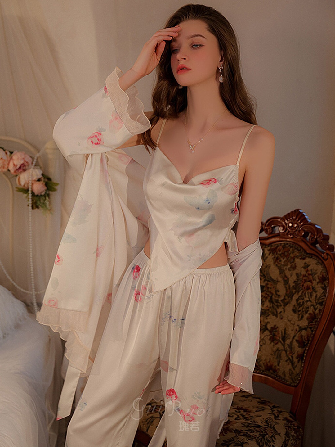 

LULU & SKY Floral Printed Shoulder Straps Night Suit with Robe, Champagne