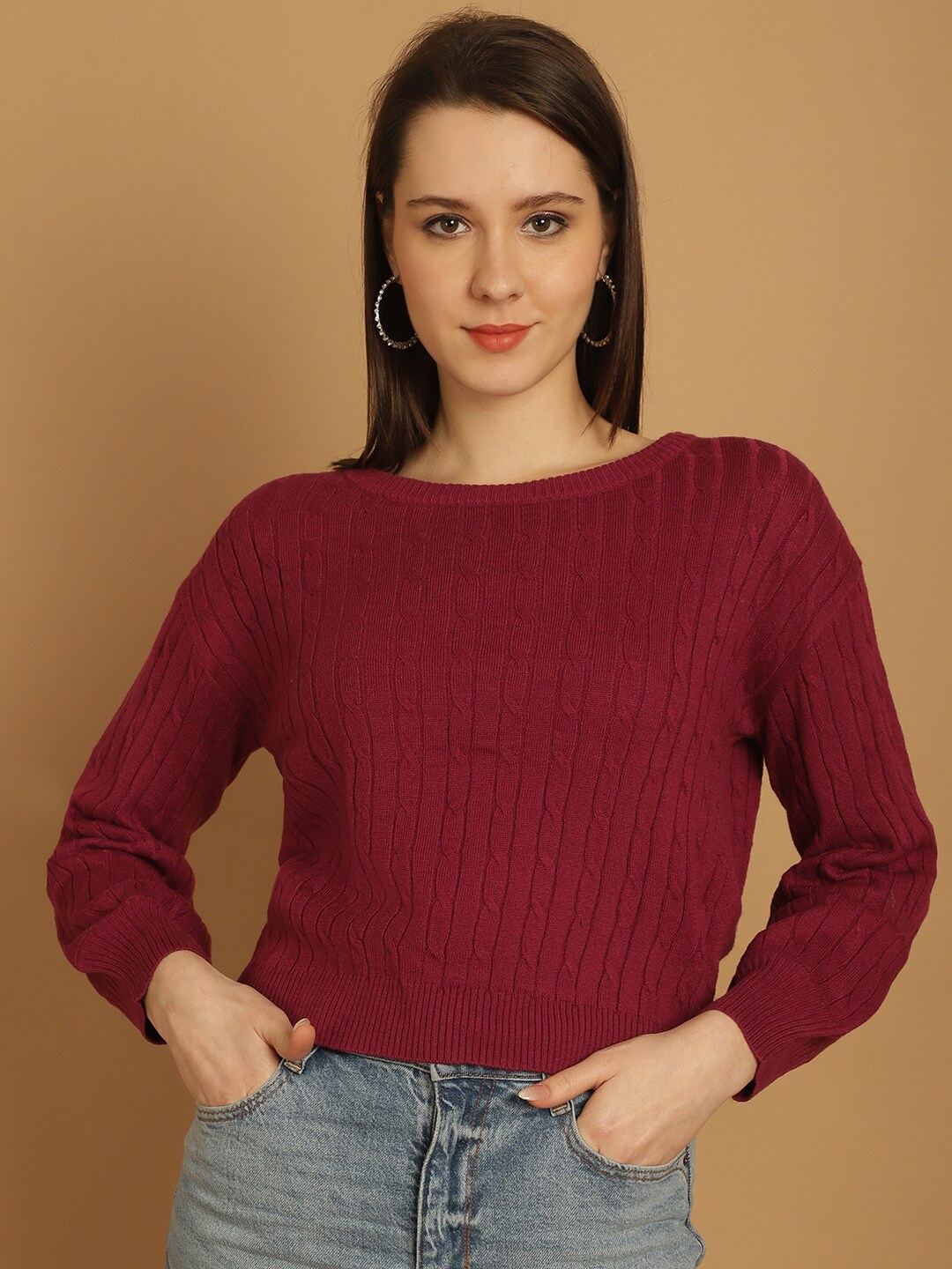 

NoBarr Cable Knit Self Design Crop Pullover, Maroon