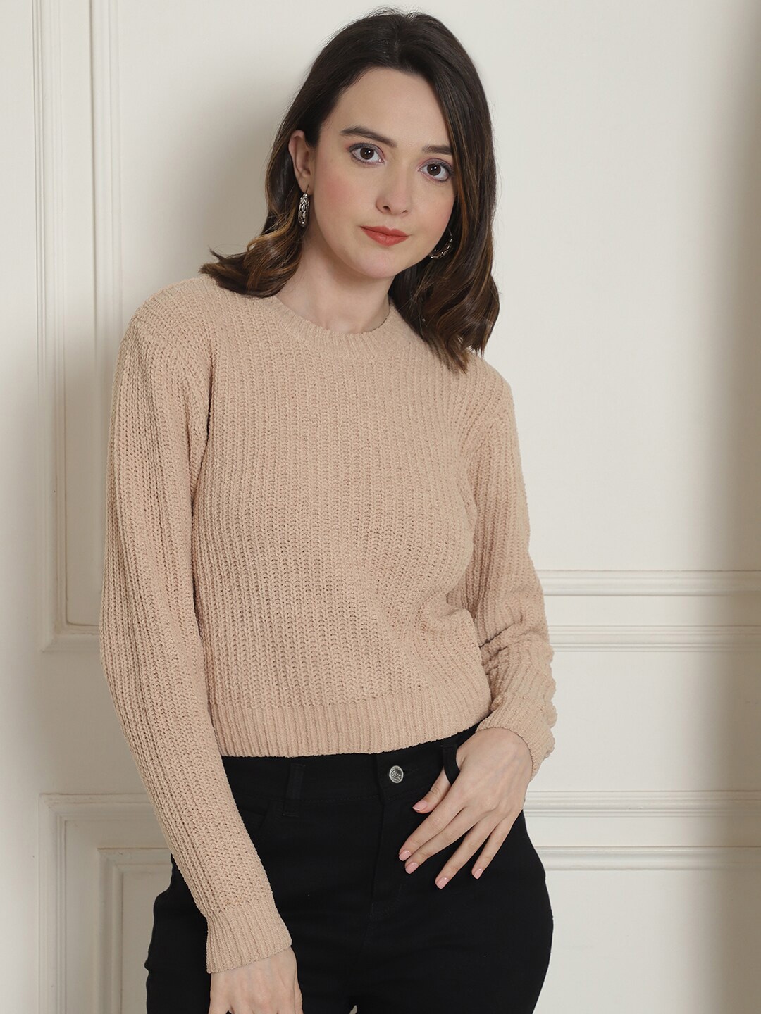 

NoBarr Cable Knit Self Design Crop Pullover, Brown